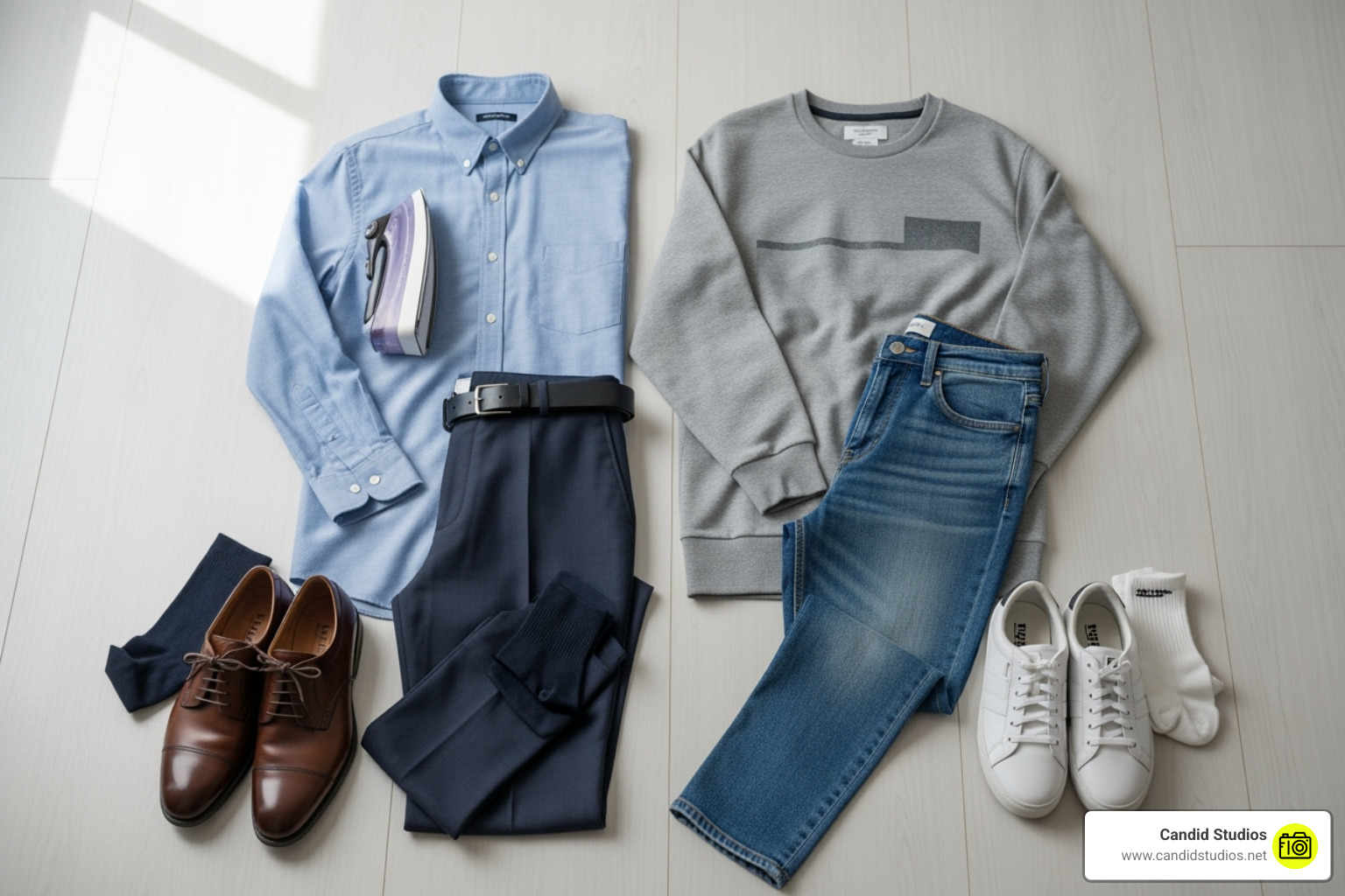 male graduate's outfits laid out, one formal for under the gown and one casual - male graduation poses