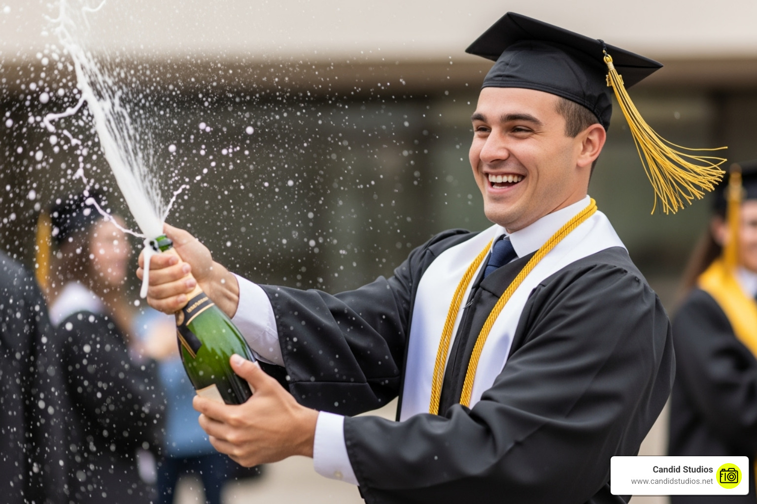 graduate popping champagne with a big smile - male graduation poses