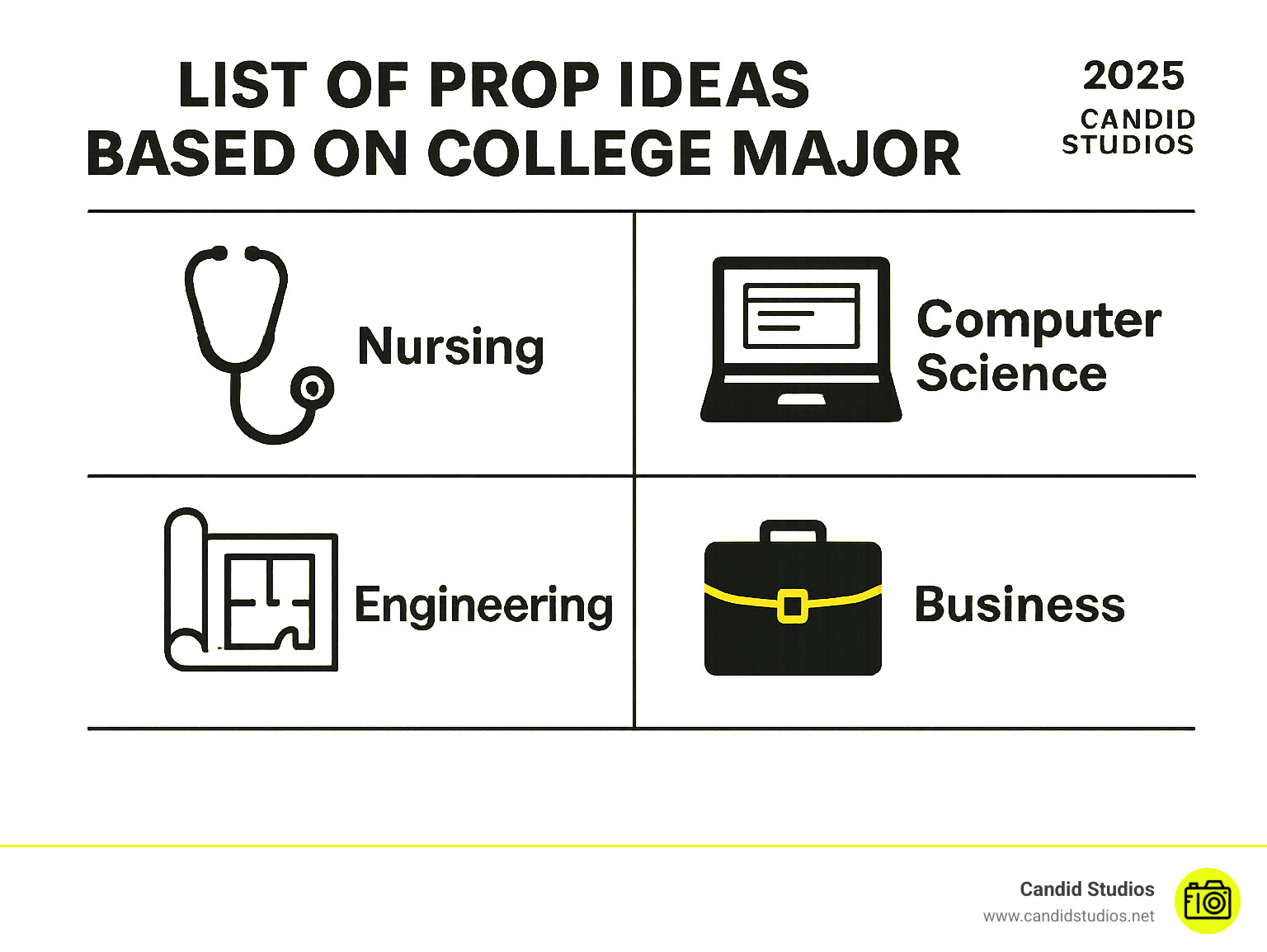 LIST of prop ideas based on college major (e.g., Stethoscope for Nursing, Laptop for CompSci, Blueprints for Engineering). - male graduation poses infographic 