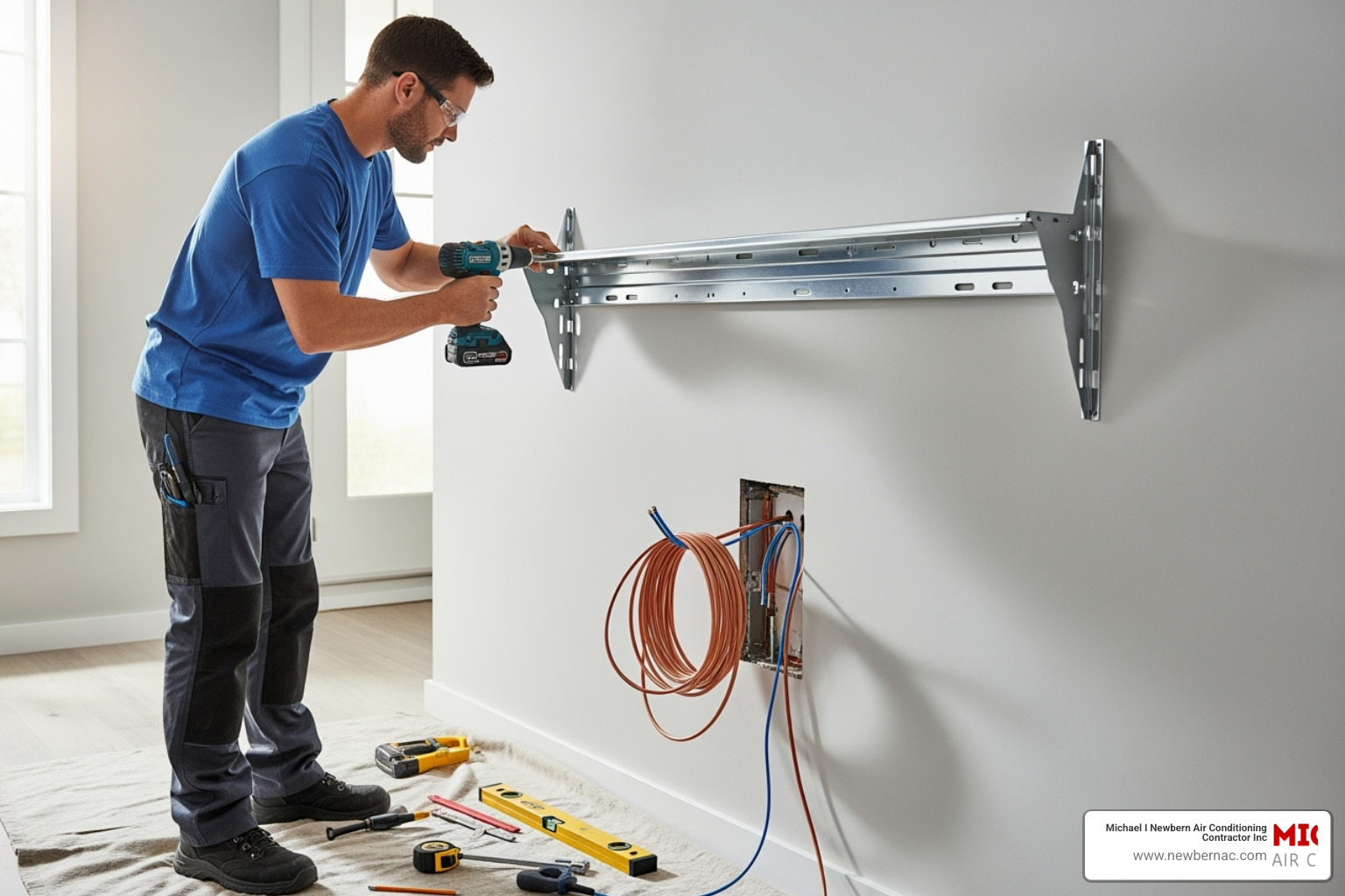 technician mounting indoor unit bracket - Ductless mini split installation