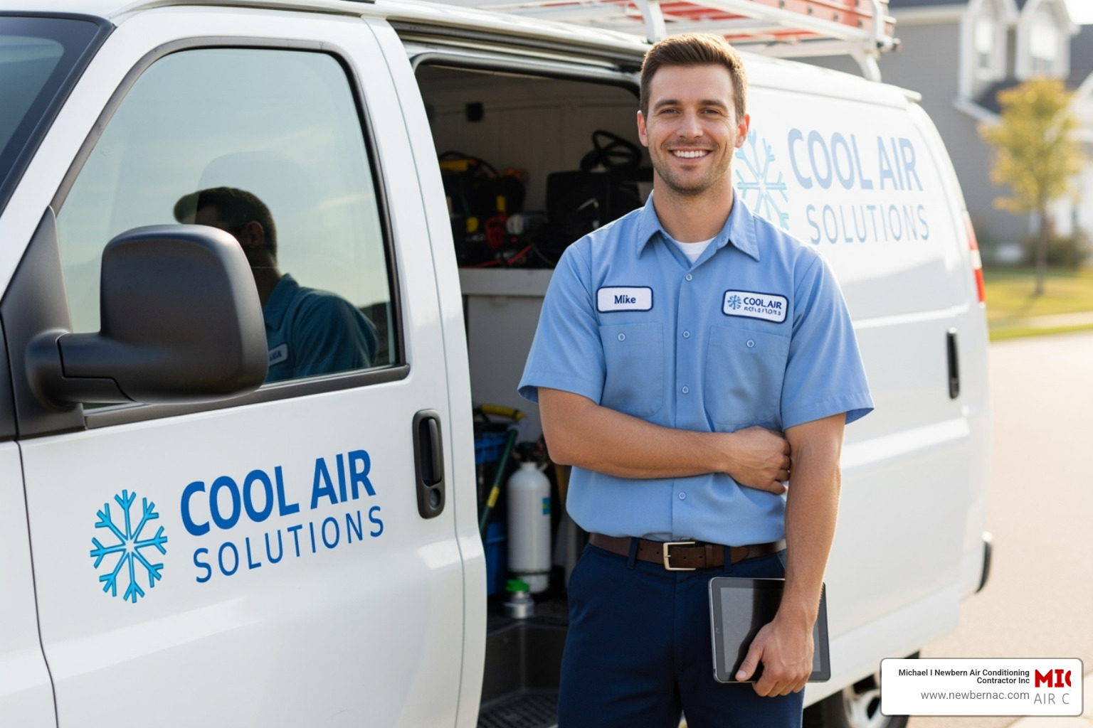 friendly technician from Michael I Newbern Air Conditioning Contractor, Inc. with a service van - Ductless mini split installation