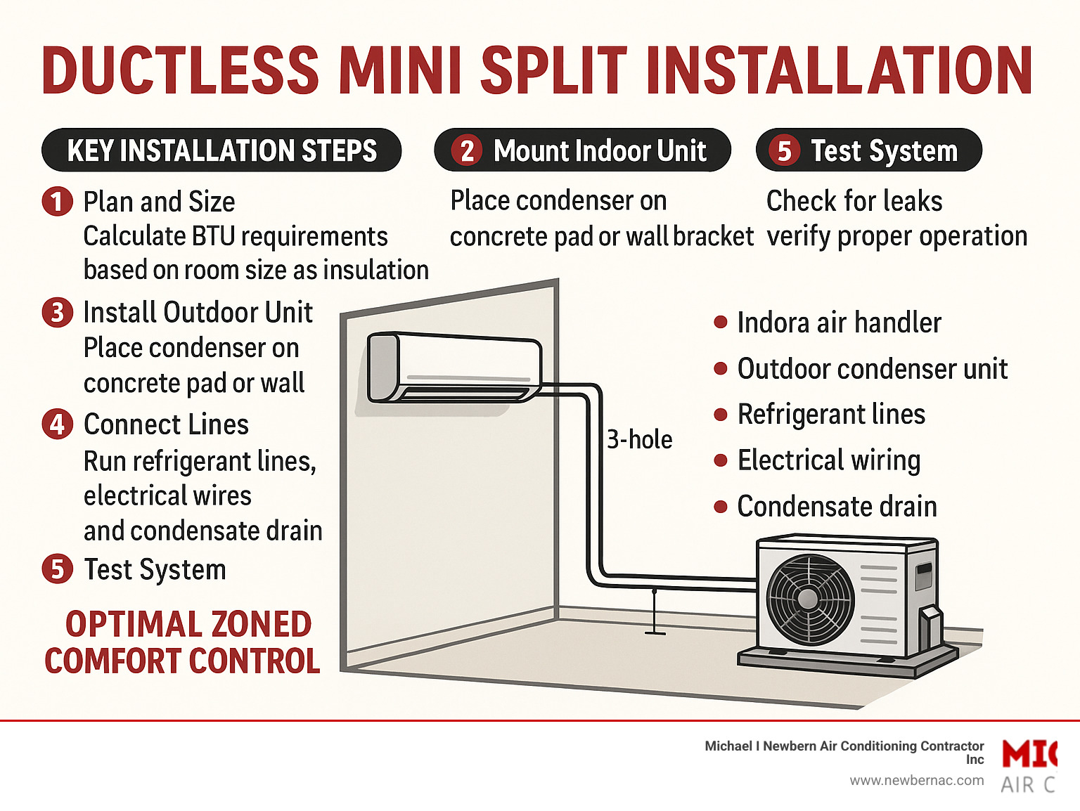 Detailed infographic showing the complete ductless mini split installation process from planning through testing, including component placement, electrical requirements, and proper line set routing for optimal zoned comfort control - Ductless mini split installation infographic 