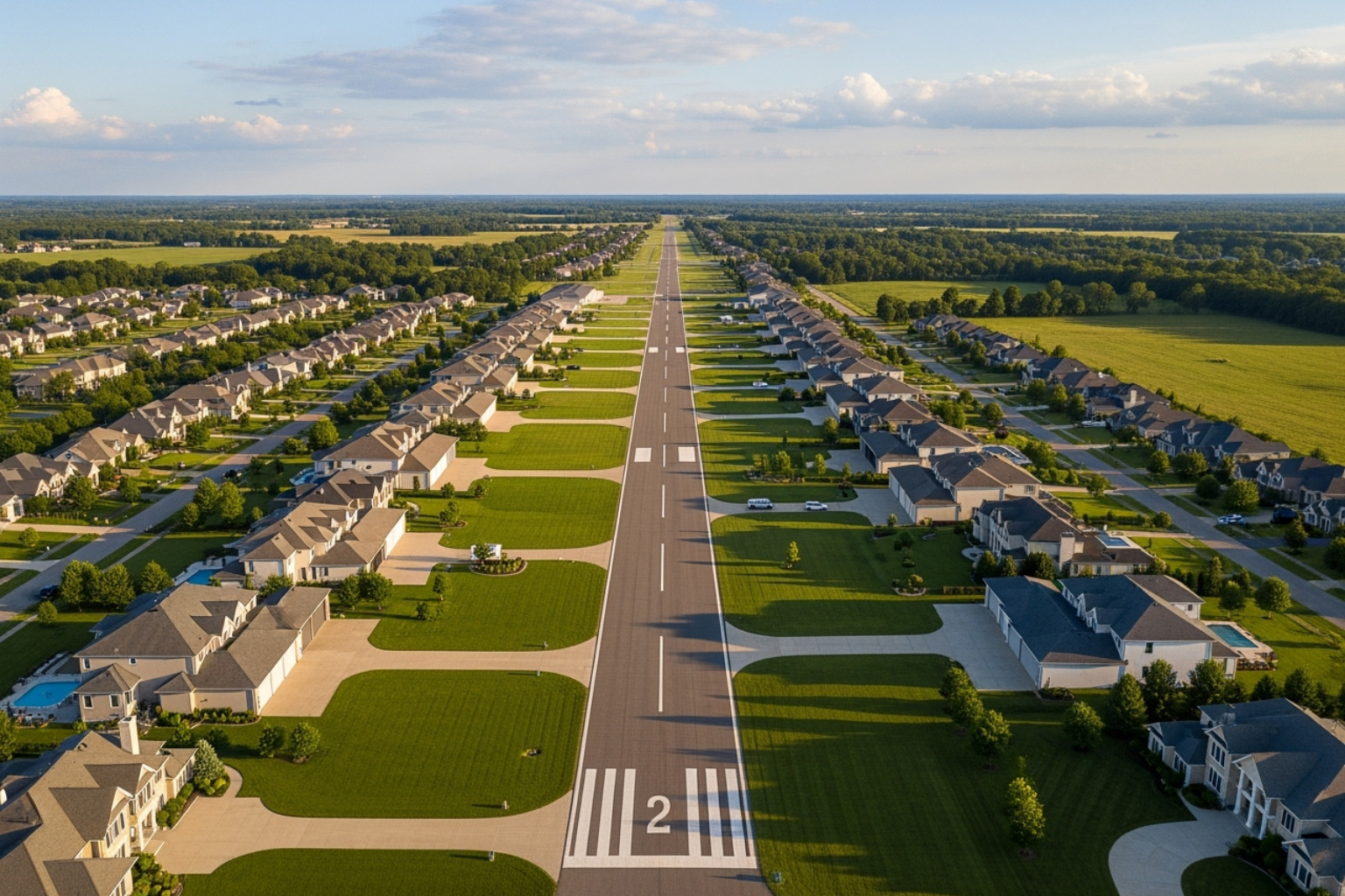 An aerial view of the Jumbolair community with a long runway and houses - where does john travolta live
