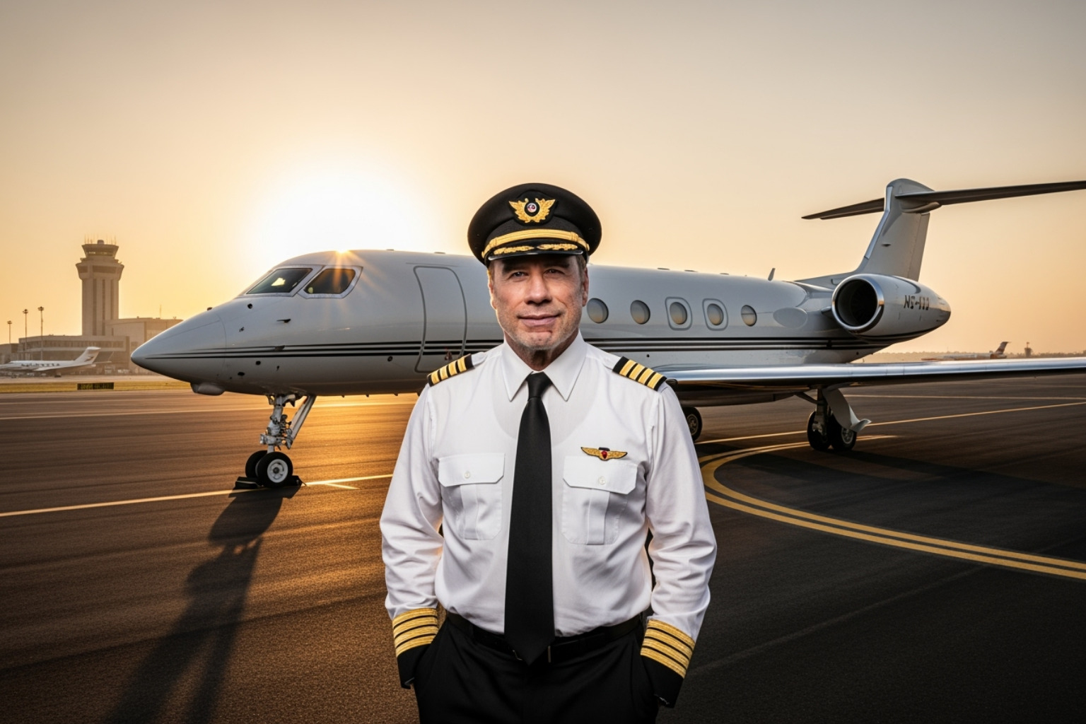 John Travolta in a pilot uniform standing next to a private jet - where does john travolta live