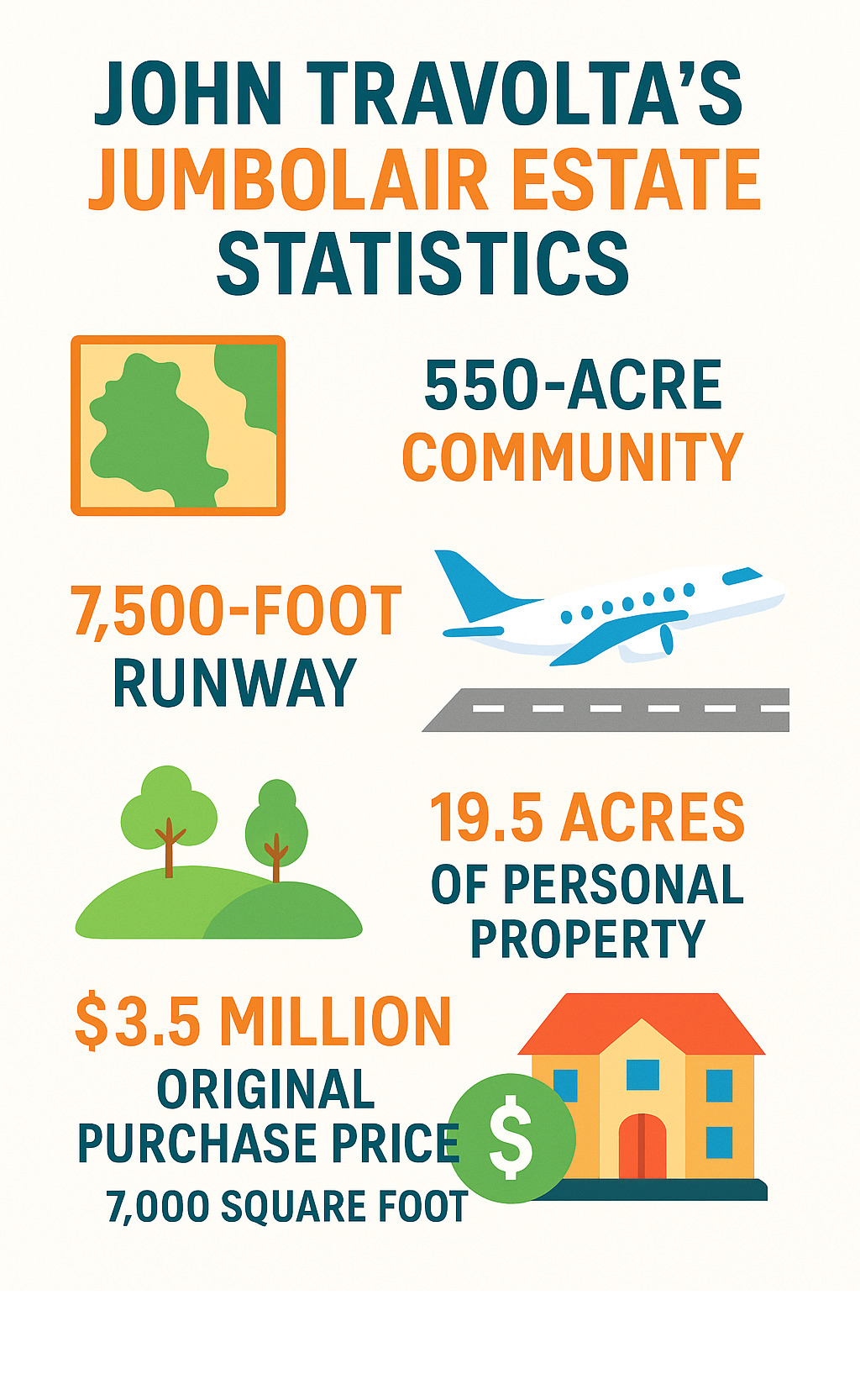 Infographic showing John Travolta's Jumbolair estate statistics: 550-acre community, 7,500-foot runway, 19.5 acres of personal property, $3.5 million original purchase price, and 7,000 square foot mansion - where does john travolta live infographic 