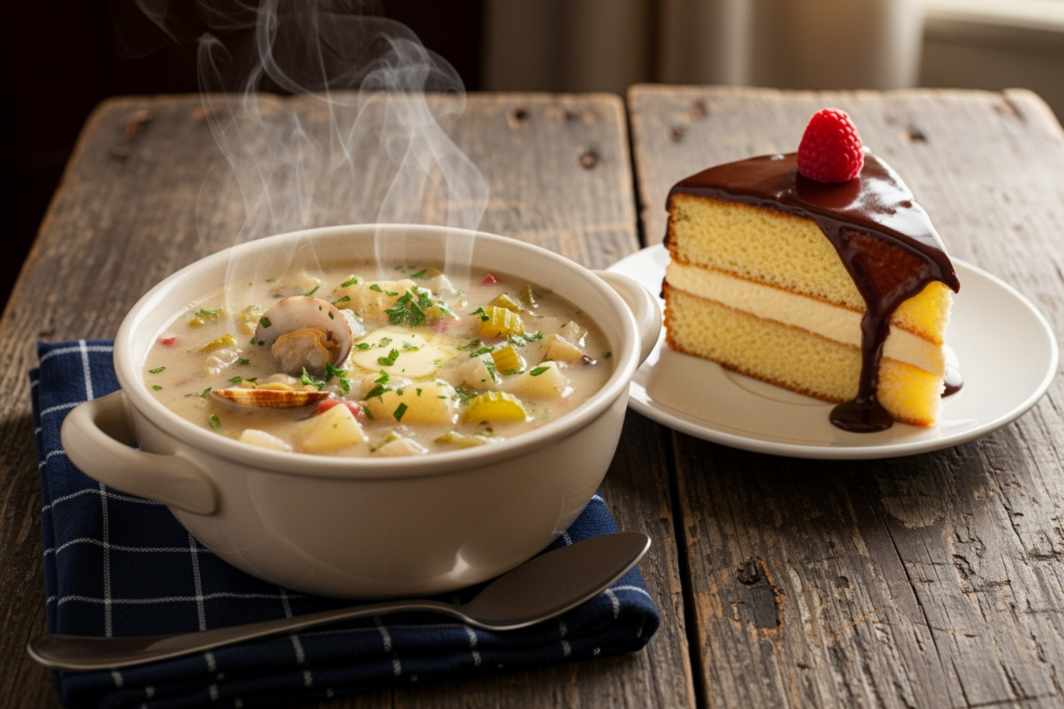 A steaming bowl of New England Clam Chowder next to a slice of Boston Cream Pie - what food is boston known for