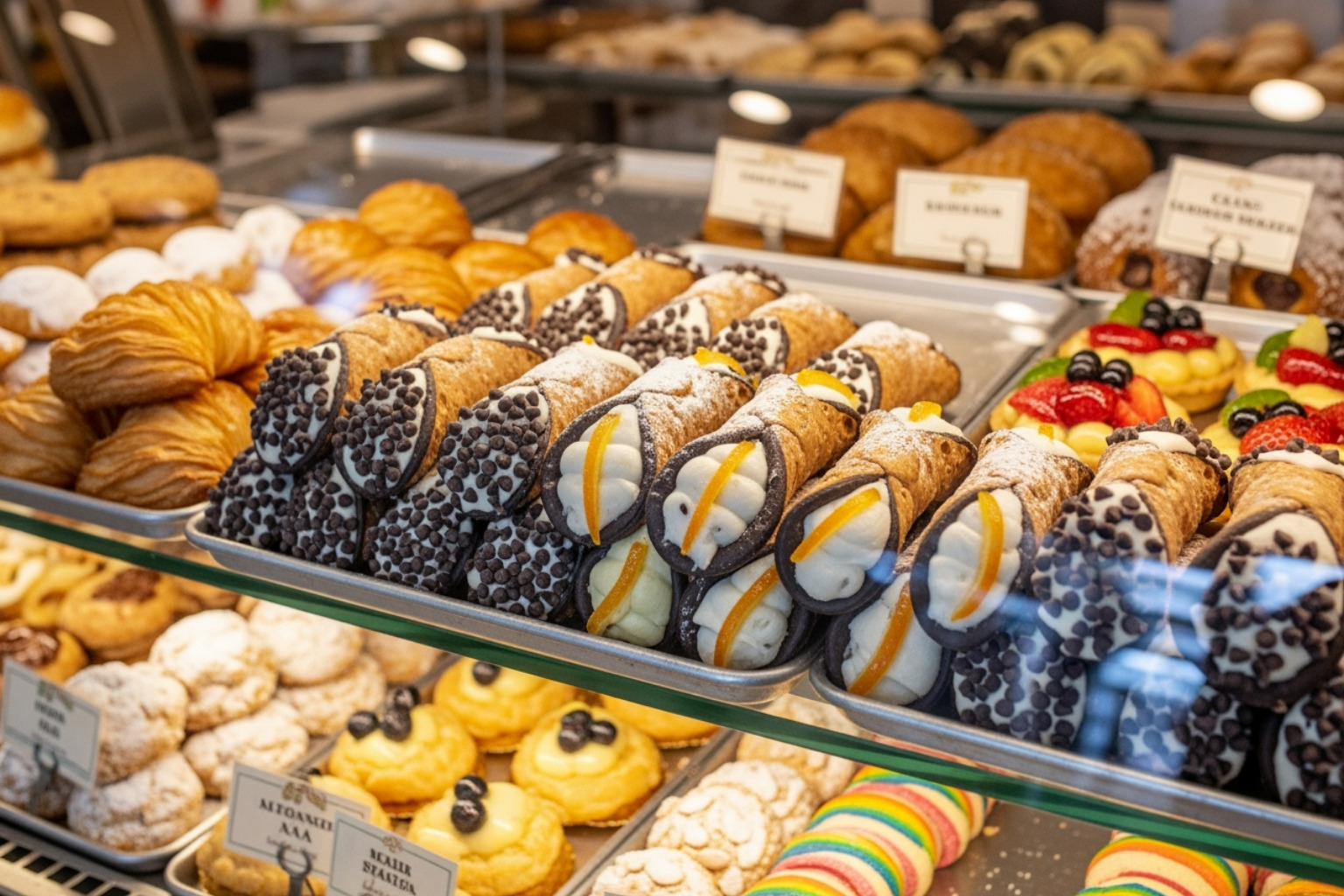 A display case filled with cannolis and Italian pastries in the North End - what food is boston known for