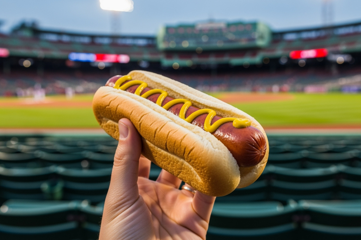 A Fenway Frank in a ballpark setting - what food is boston known for