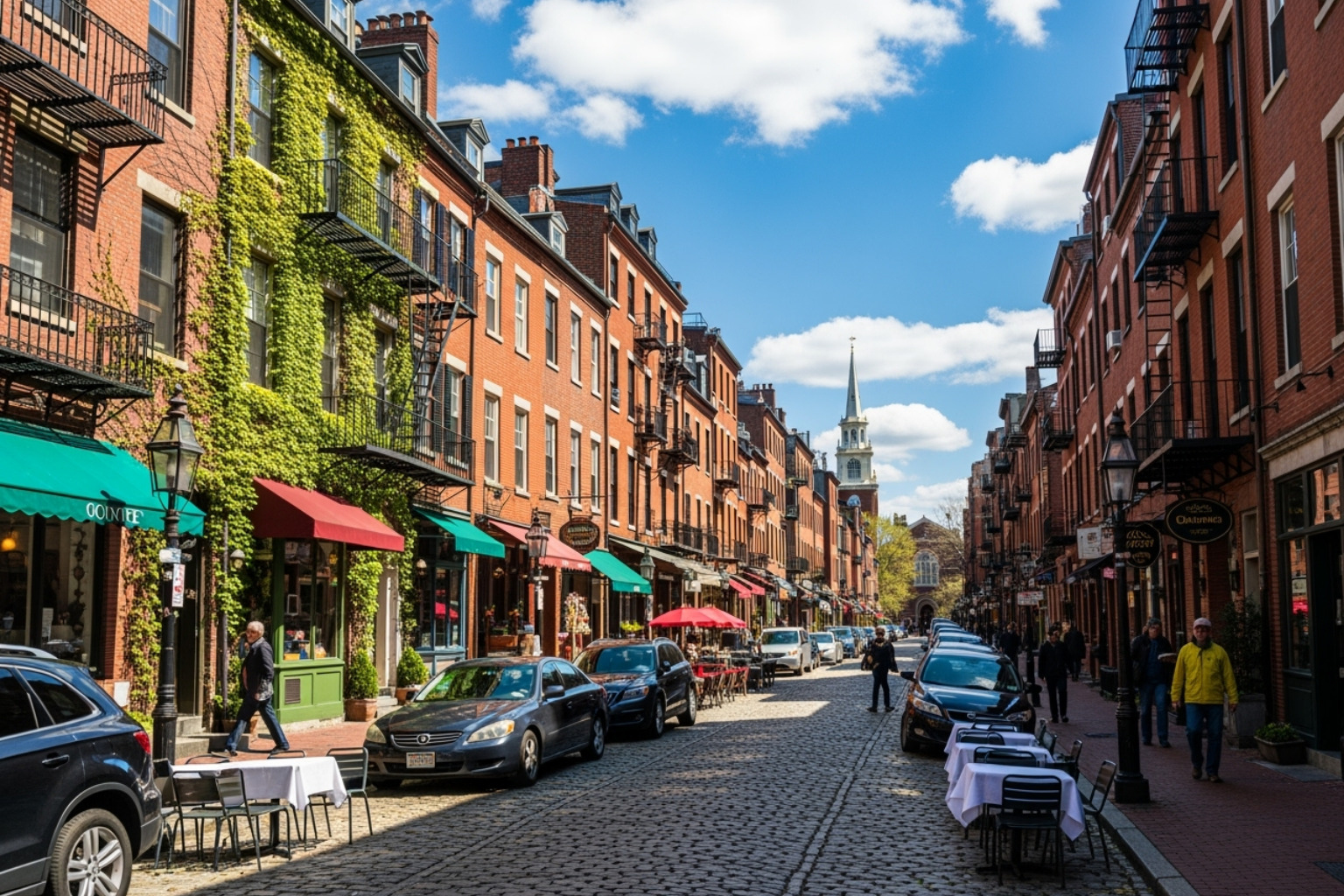 Charming cobblestone street in the North End - what food is boston known for