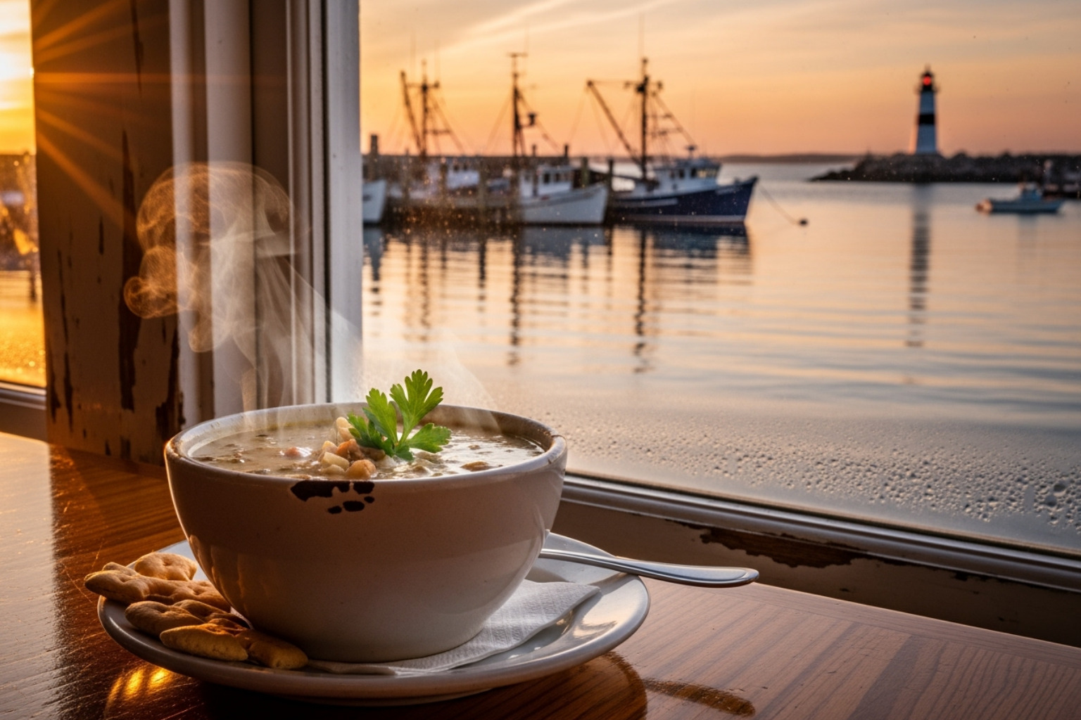 Steaming bowl of New England clam chowder next to a window overlooking the harbor - what food is boston known for