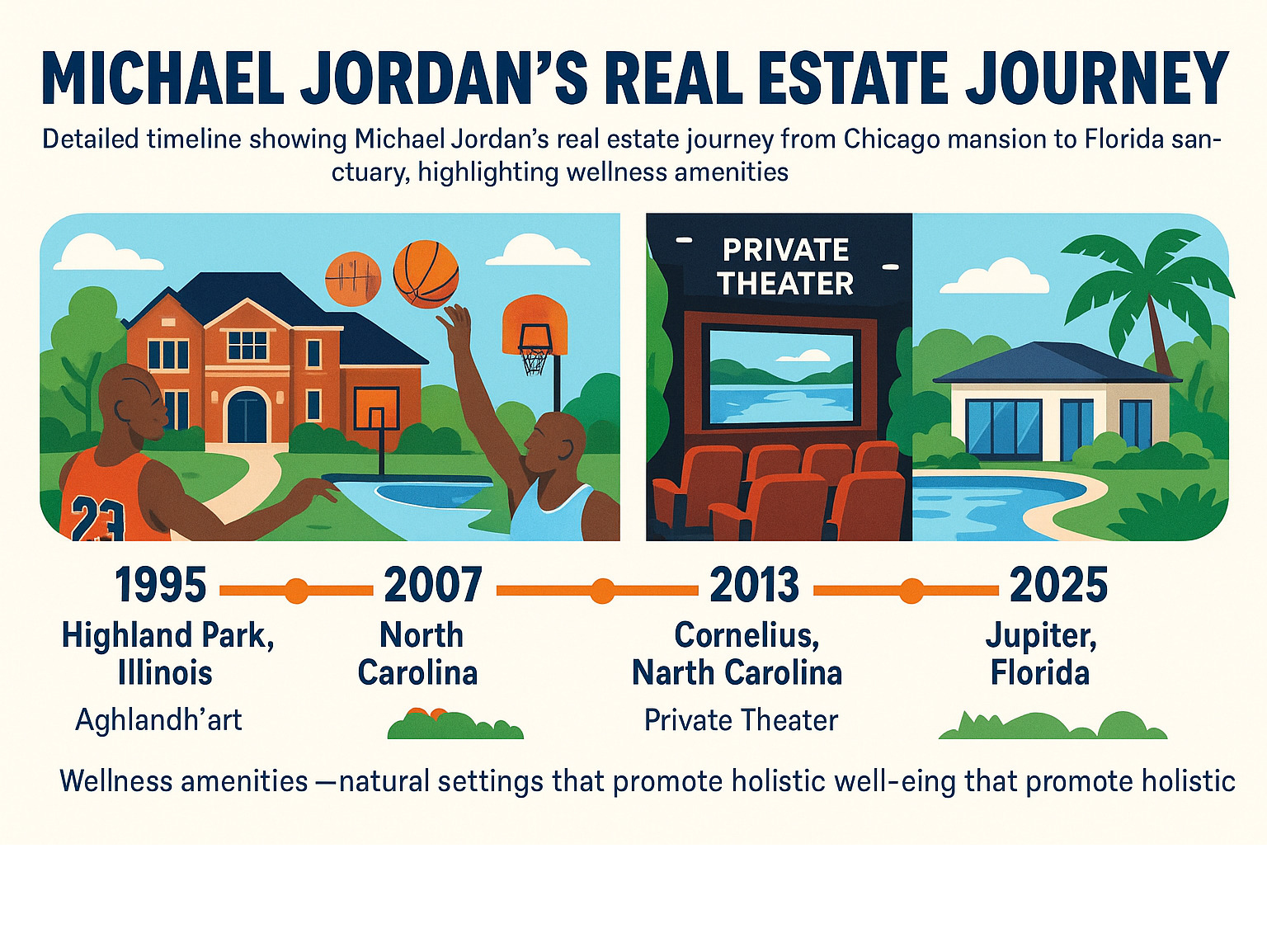 Detailed timeline showing Michael Jordan's real estate journey from Chicago mansion to Florida sanctuary, highlighting wellness amenities like basketball courts, infinity pools, private theaters, and natural settings that promote holistic well-being - where does michael jordan live infographic 
