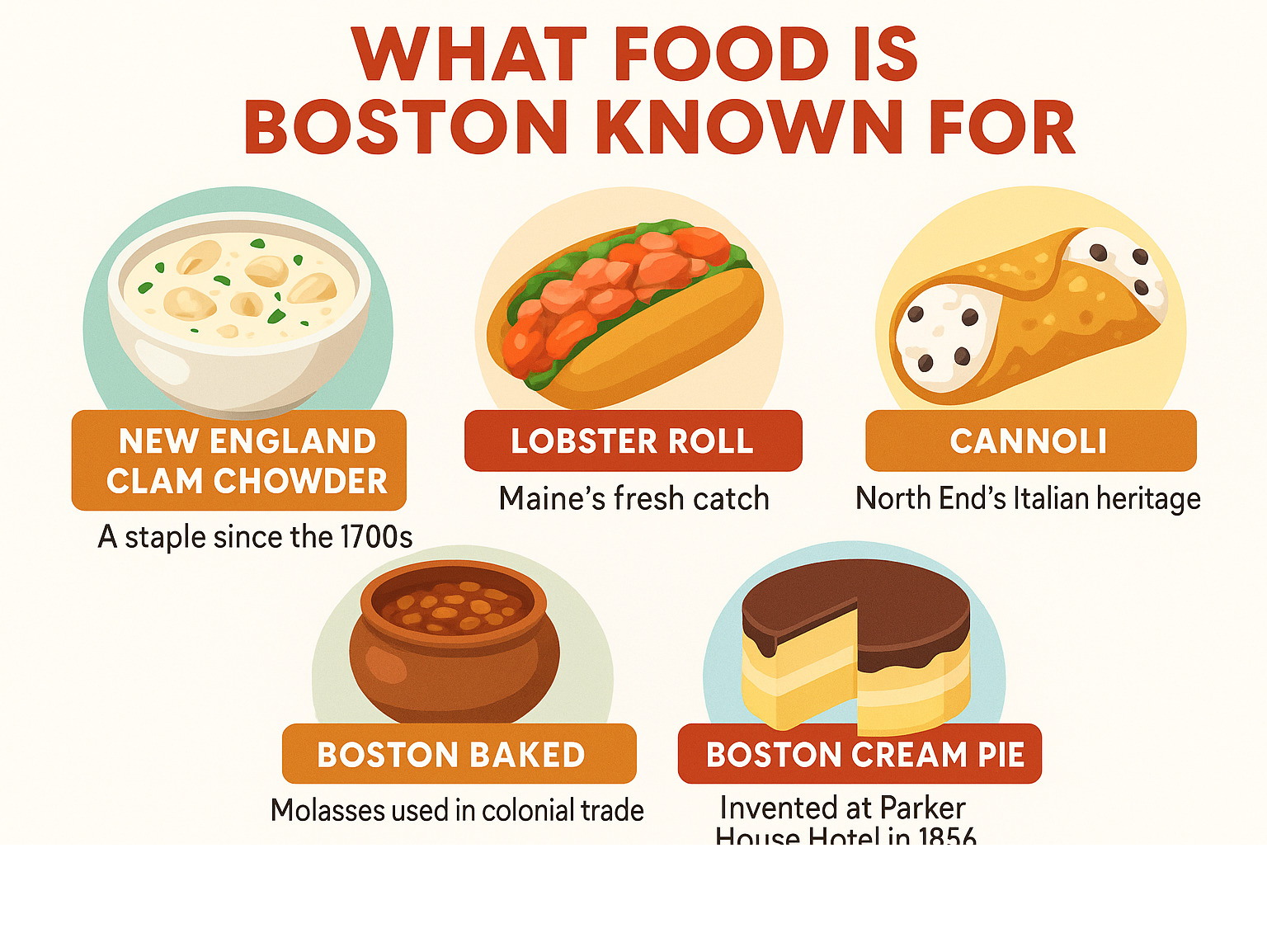Infographic showing Boston's top 5 iconic foods: New England Clam Chowder with historical facts about its 1700s origins, Lobster Roll highlighting Maine's fresh catch, Boston Baked Beans explaining the molasses connection to colonial trade, Cannoli showcasing North End's Italian heritage with Mike's vs Modern Pastry rivalry, and Boston Cream Pie noting its 1856 invention at Parker House Hotel - what food is boston known for infographic 