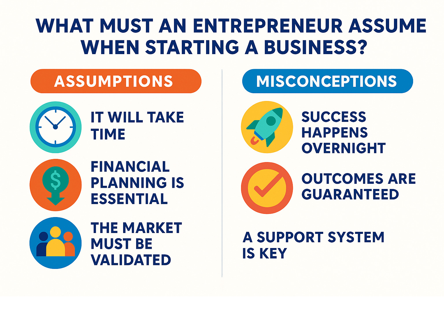 Infographic showing key entrepreneurial assumptions including timeline expectations, financial planning requirements, market validation needs, and support system components versus common misconceptions about overnight success and guaranteed outcomes - what must an entrepreneur assume when starting a business? infographic 