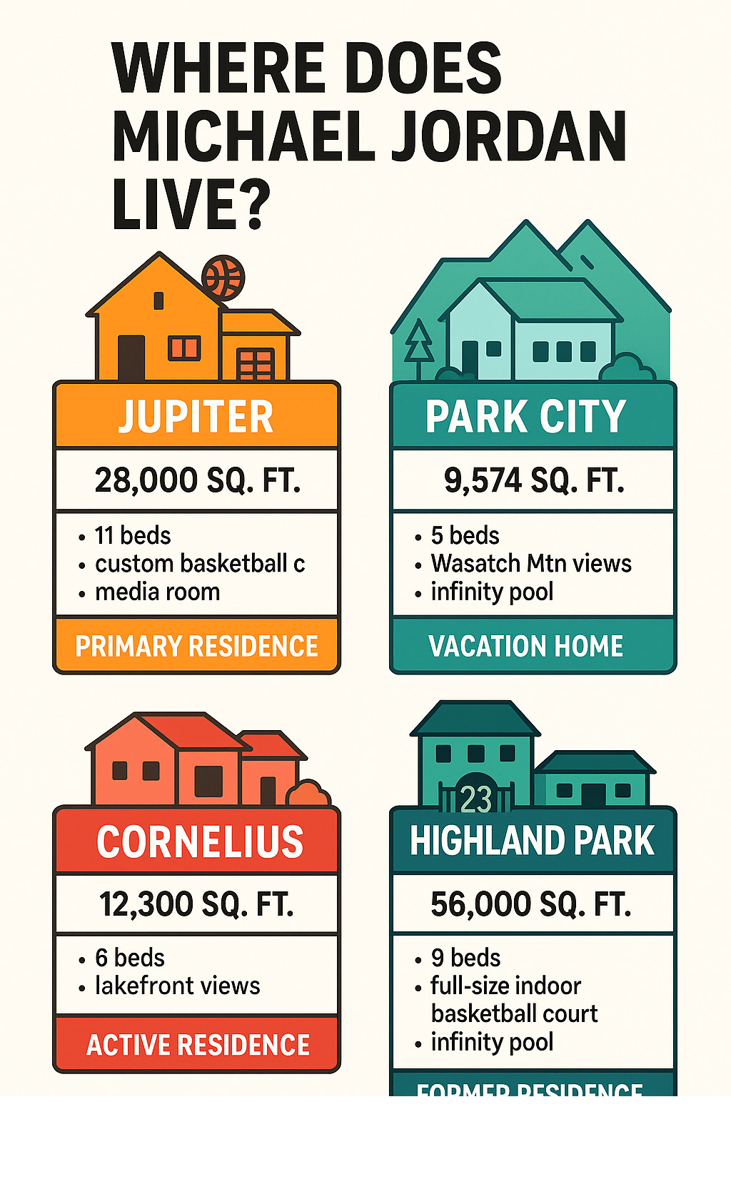 Infographic comparing Michael Jordan's key properties in Jupiter, Cornelius, Park City, and Highland Park, detailing size, features, and status - where does michael jordan live infographic 