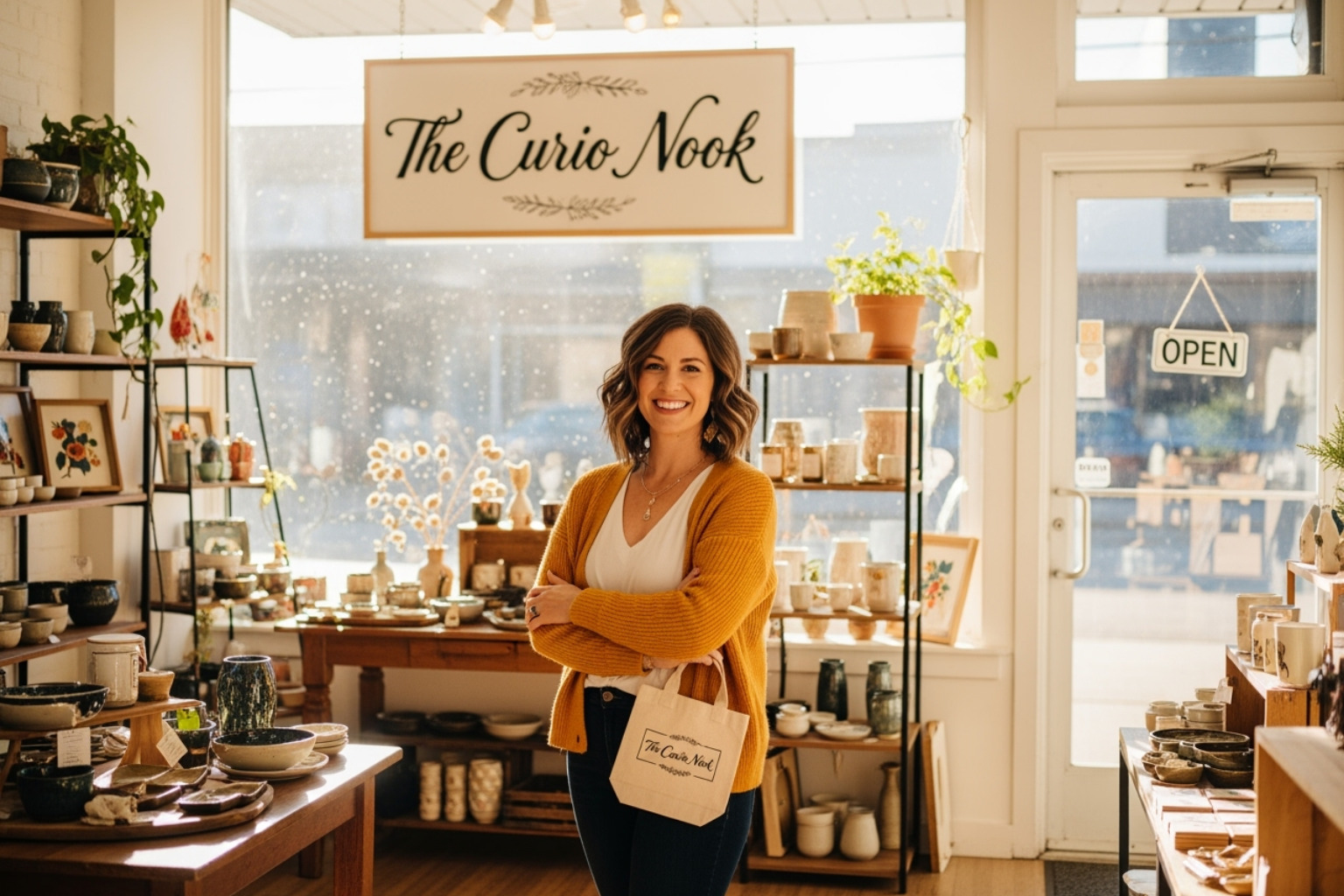 A successful and happy small business owner in their branded retail space - digital marketing for small businesses by garage2global