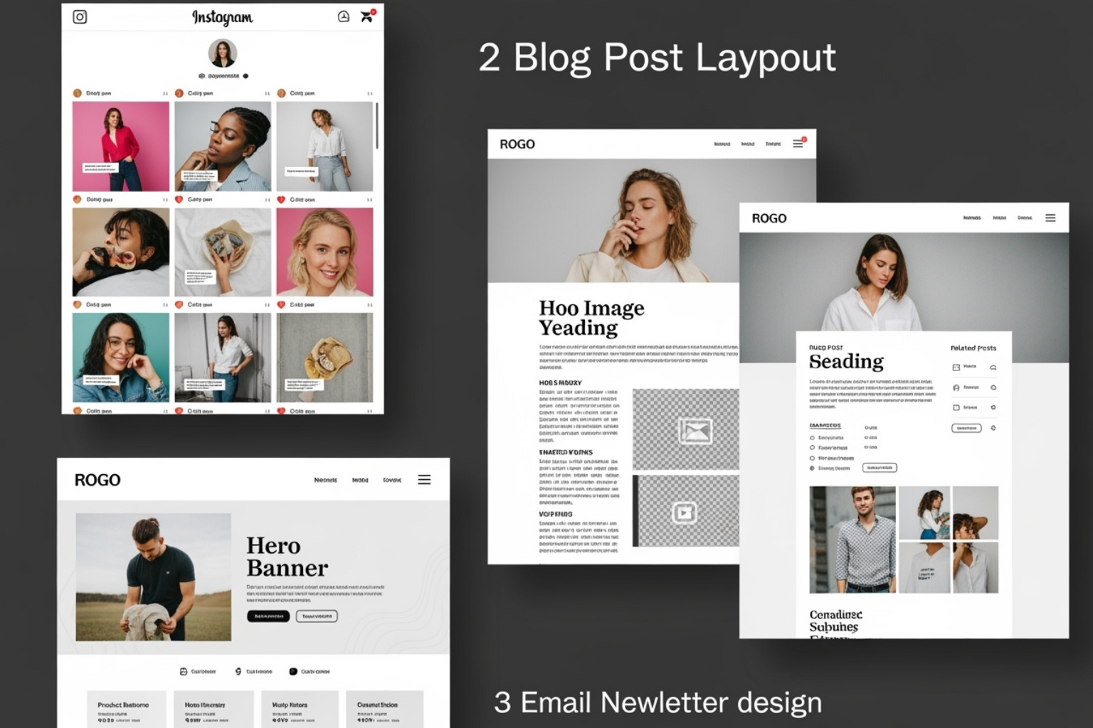 Collage showing a brand's presence across Instagram, a blog, and an email newsletter. - digital marketing for small businesses by garage2global