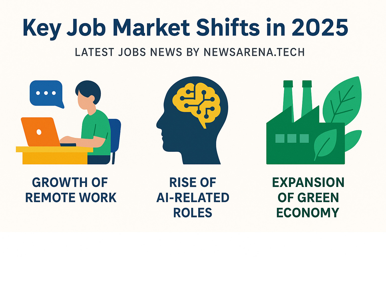Infographic illustrating key 2025 job market shifts, such as the growth of remote work, the rise of AI-related roles, and the expansion of the green economy. - latest jobs news by newsarena.tech infographic 