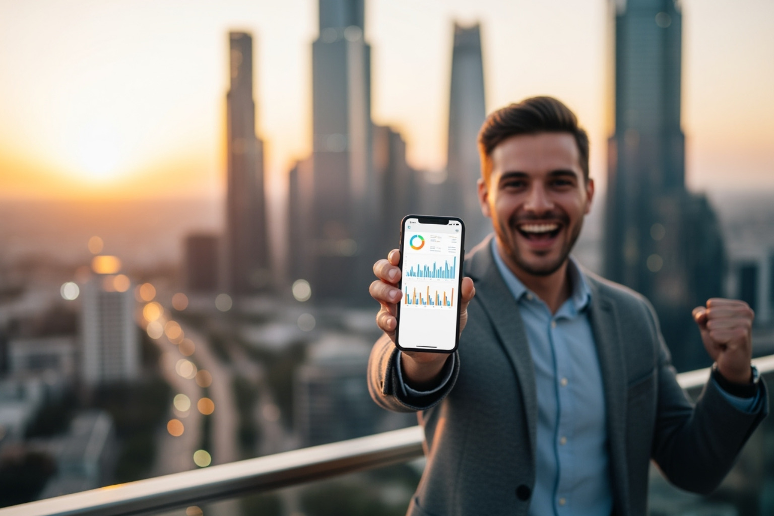 A successful startup founder celebrating their app's launch, holding a smartphone displaying their app with a city skyline in the background, symbolizing global reach. - app development for startups with garage2global