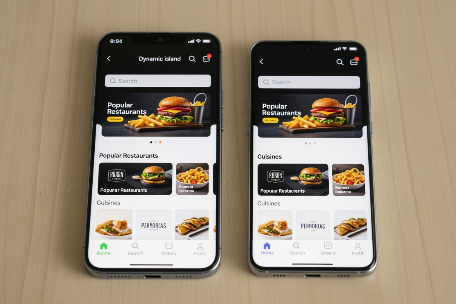 A mobile phone screen displaying a food delivery app interface on both an iPhone and an Android device, highlighting cross-platform compatibility. - app development for startups with garage2global