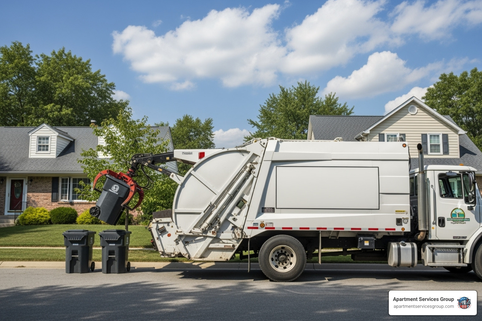 Private waste management truck servicing a residential neighborhood - Houston garbage removal Private waste management truck servicing a residential neighborhood - Houston garbage removal