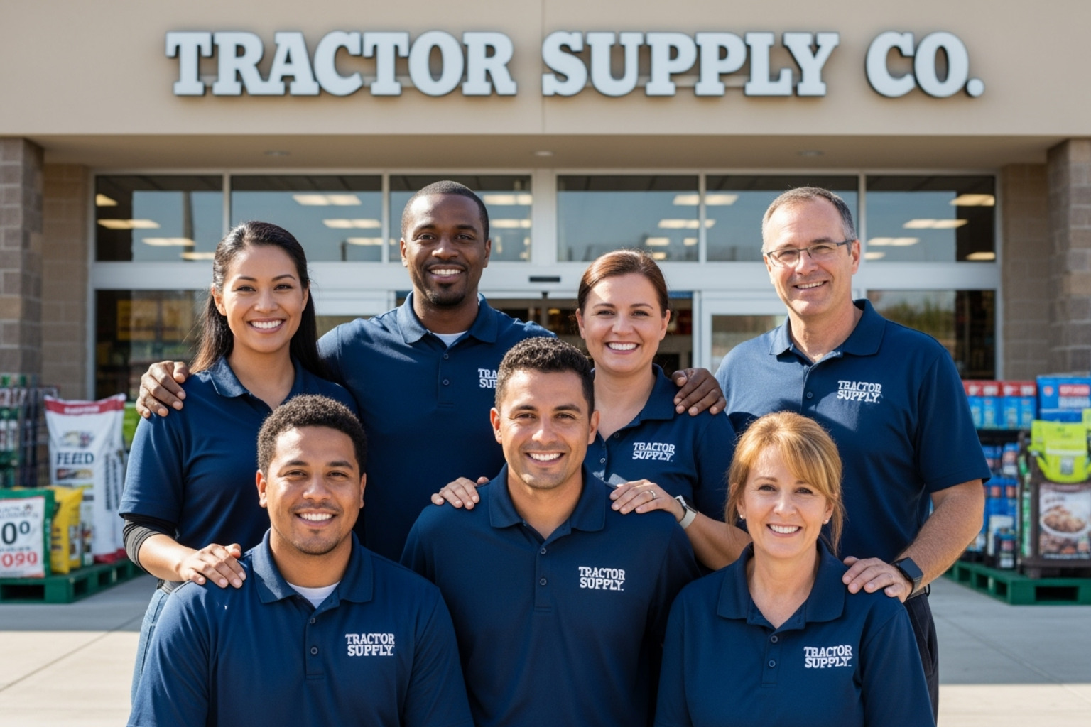 A diverse and happy group of Tractor Supply team members smiling in front of a store - tractor supply sales associate job description