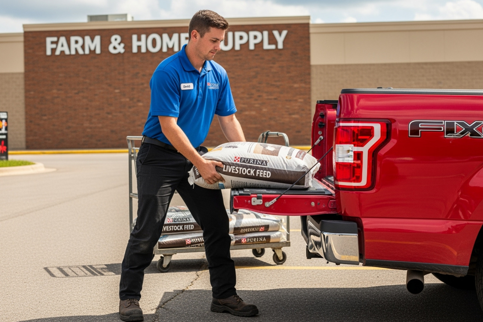 Sales associate safely loading a heavy bag of feed into a customer's truck - tractor supply sales associate job description