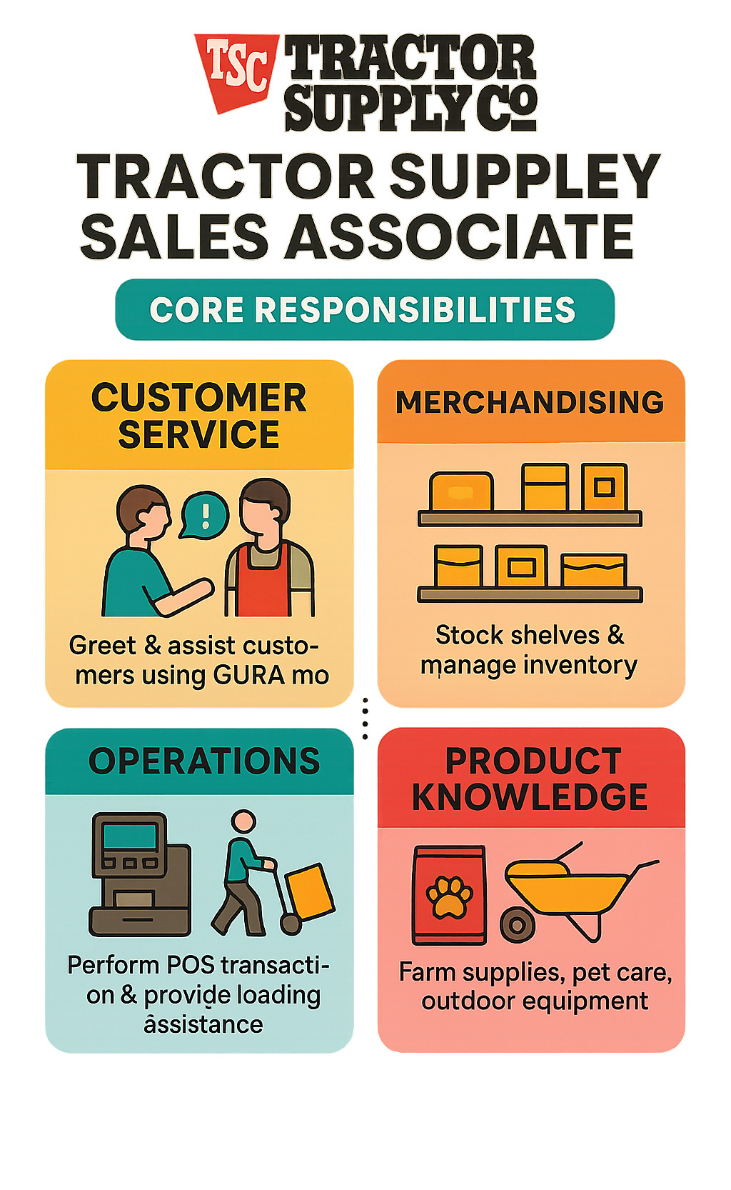 Detailed breakdown of Tractor Supply sales associate core responsibilities showing four main areas: Customer Service including greeting and assisting customers with GURA model, Merchandising including stocking shelves and inventory management, Operations including POS transactions and loading assistance, and Product Knowledge covering farm supplies, pet care, and outdoor equipment expertise - tractor supply sales associate job description infographic 