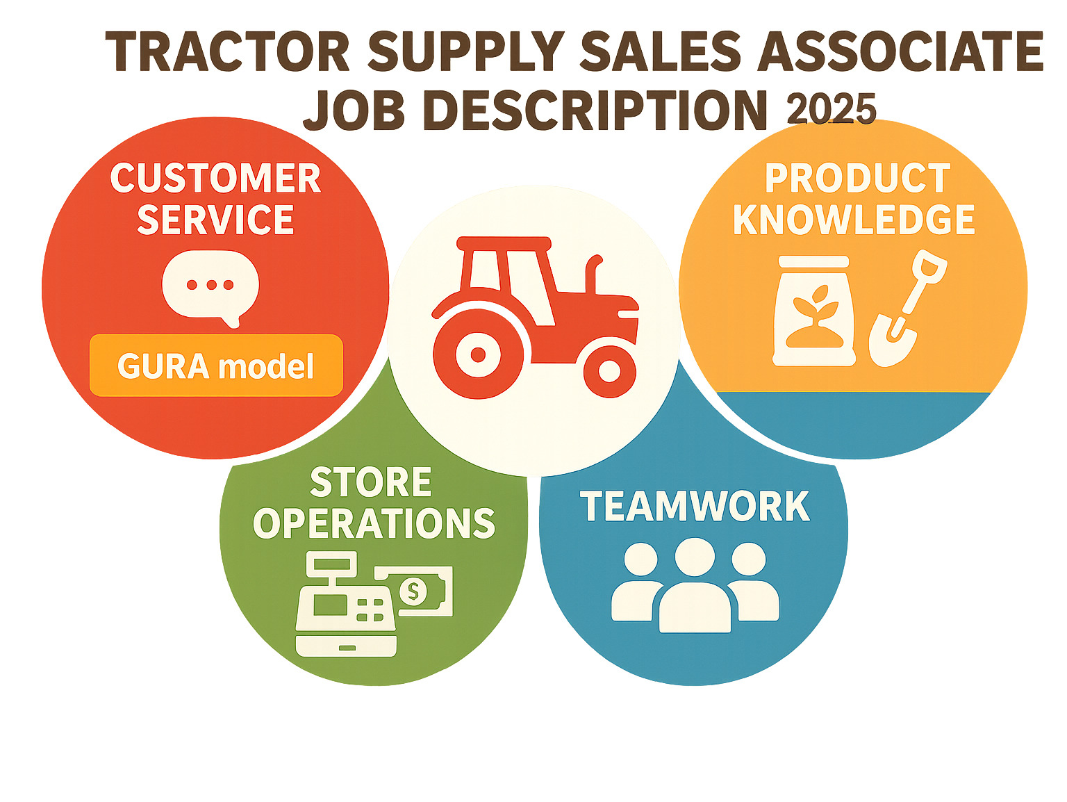 Infographic showing the four pillars of Tractor Supply Sales Associate role: Customer Service excellence through GURA model, comprehensive Product Knowledge across agricultural and outdoor categories, efficient Store Operations including cash handling and merchandising, and strong Teamwork collaboration with colleagues and management - tractor supply sales associate job description infographic 