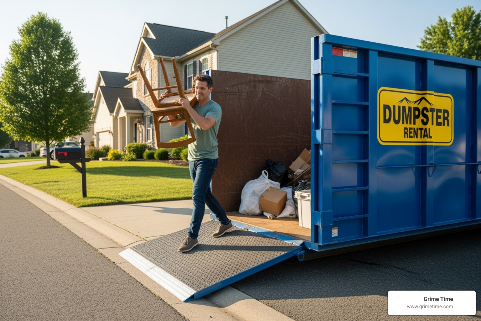 homeowner easily loading debris into a walk-in dumpster - dumpster rental austin cost