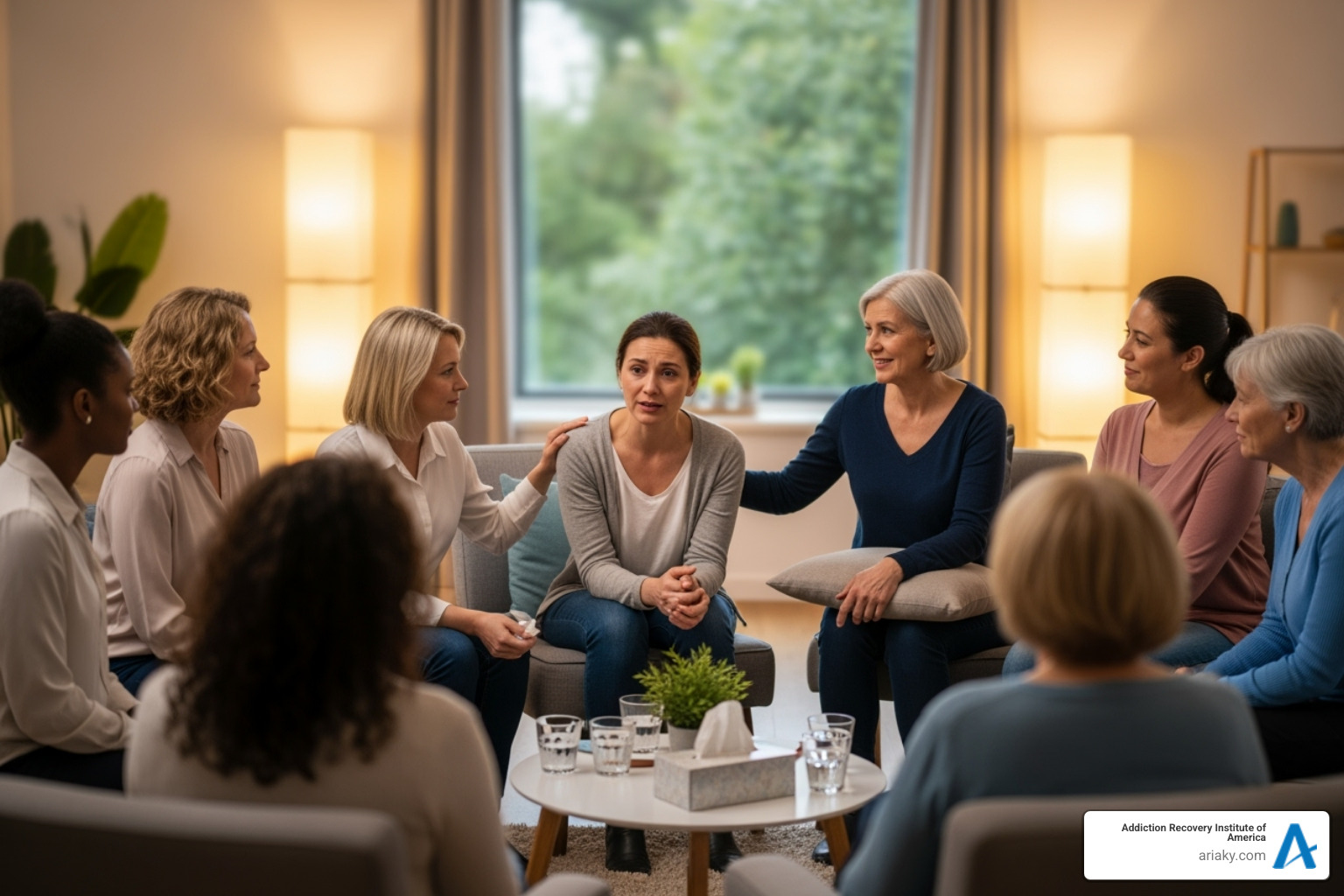 a group of women in a supportive therapy circle - women's trauma treatment a group of women in a supportive therapy circle - women's trauma treatment