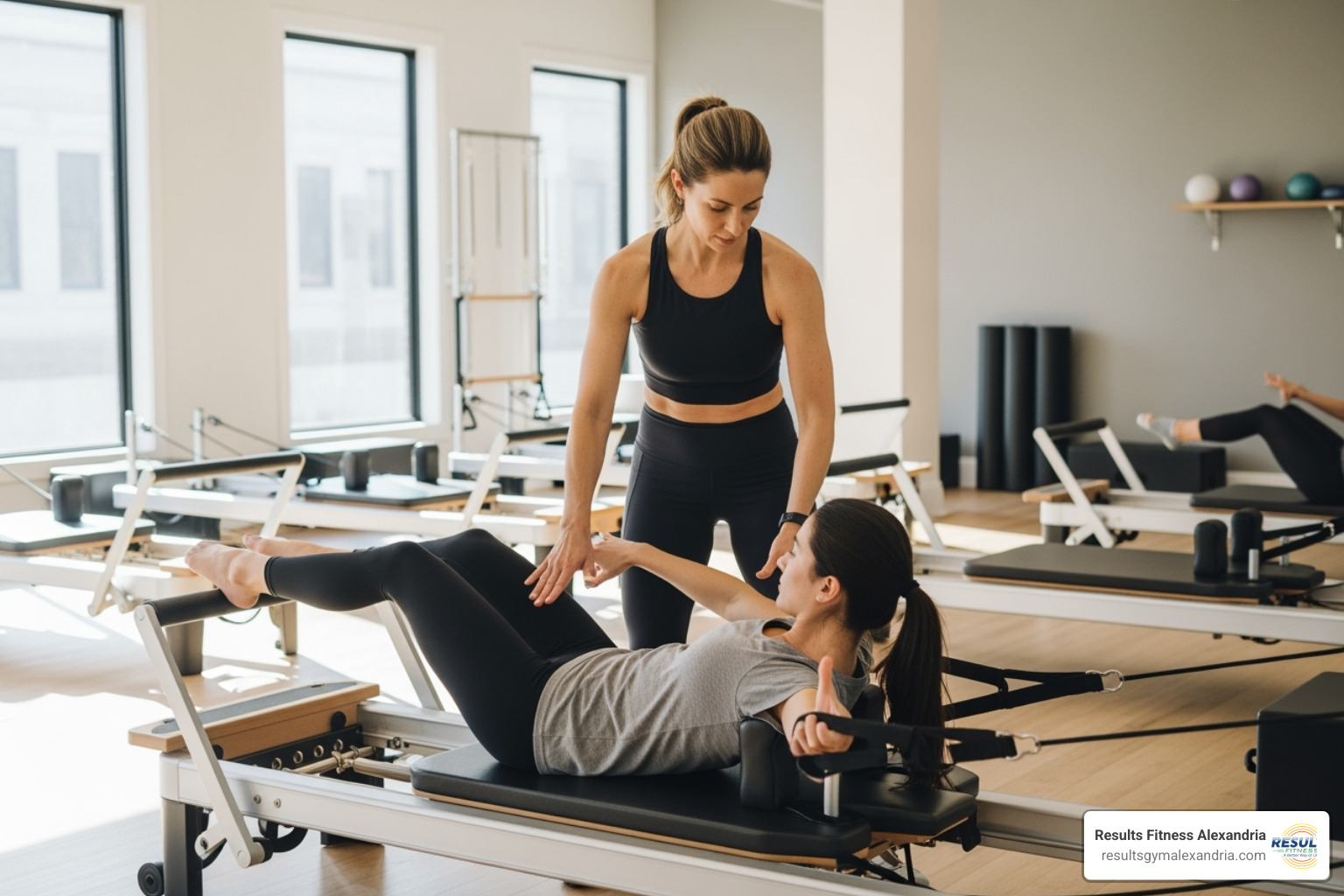 image of someone getting a form correction from an instructor - pilates circuit class image of someone getting a form correction from an instructor - pilates circuit class