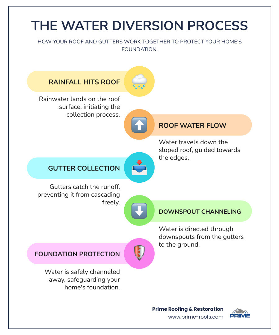 Infographic showing water flow from roof through gutters to downspouts and away from foundation, highlighting the critical partnership between roof and gutter systems for home protection - Roof and gutters infographic infographic-line-5-steps-colors