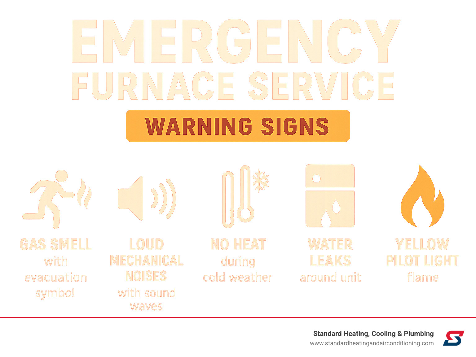 Emergency furnace service warning signs infographic showing 5 critical indicators: gas smell with evacuation symbol, loud mechanical noises with sound waves, no heat during cold weather with thermometer, water leaks around unit, and yellow pilot light flame - emergency furnace service infographic 