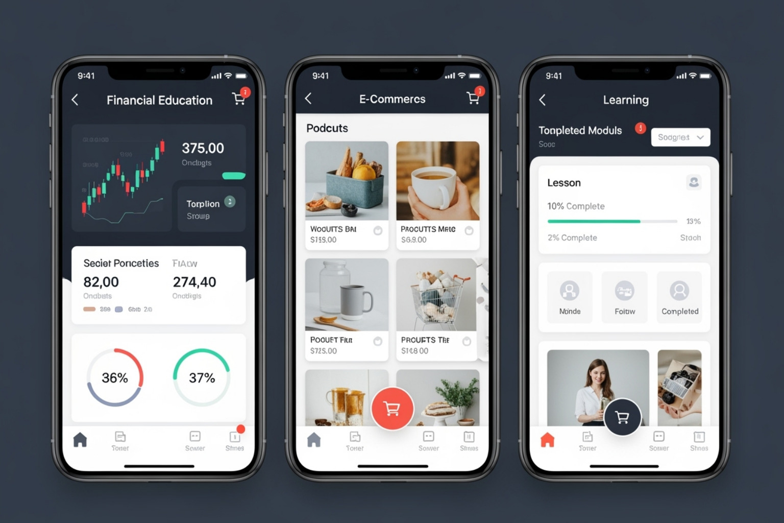 Screenshots of FinEdu, ShopUp, and EduQuest apps, showcasing user interfaces and key features - app development for startups with garage2global