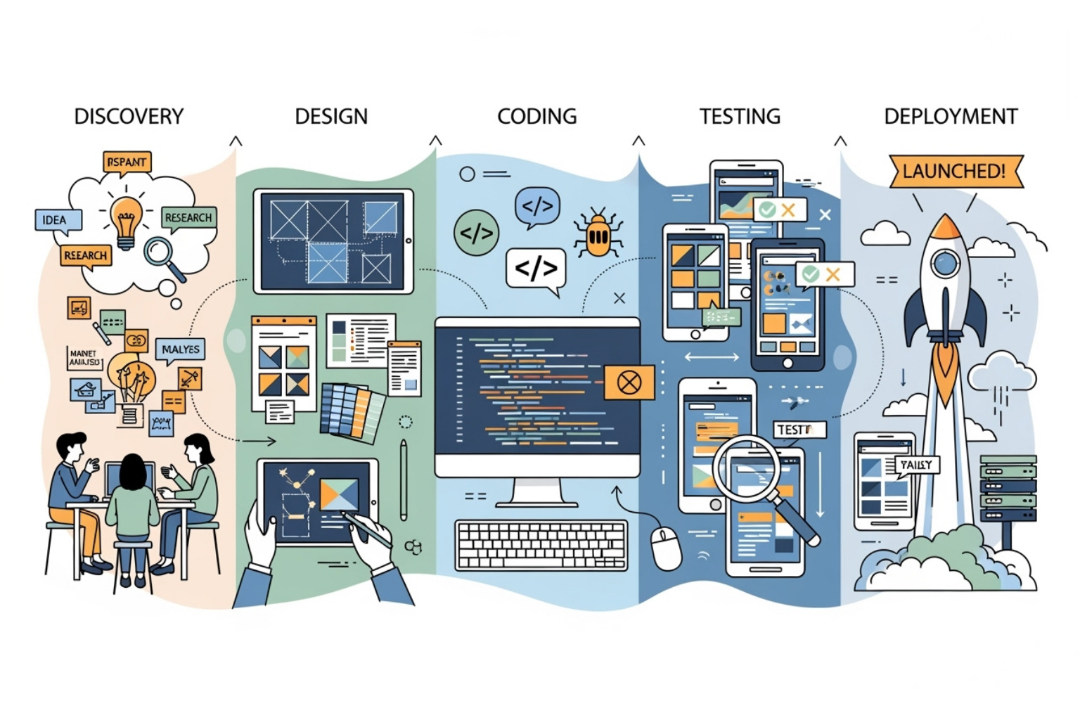 Flowchart detailing the app development lifecycle from ideation to launch with Garage2Global, including phases like Findy, Design, Development Sprints, Testing, Launch, and Post-Launch Support - app development for startups with garage2global