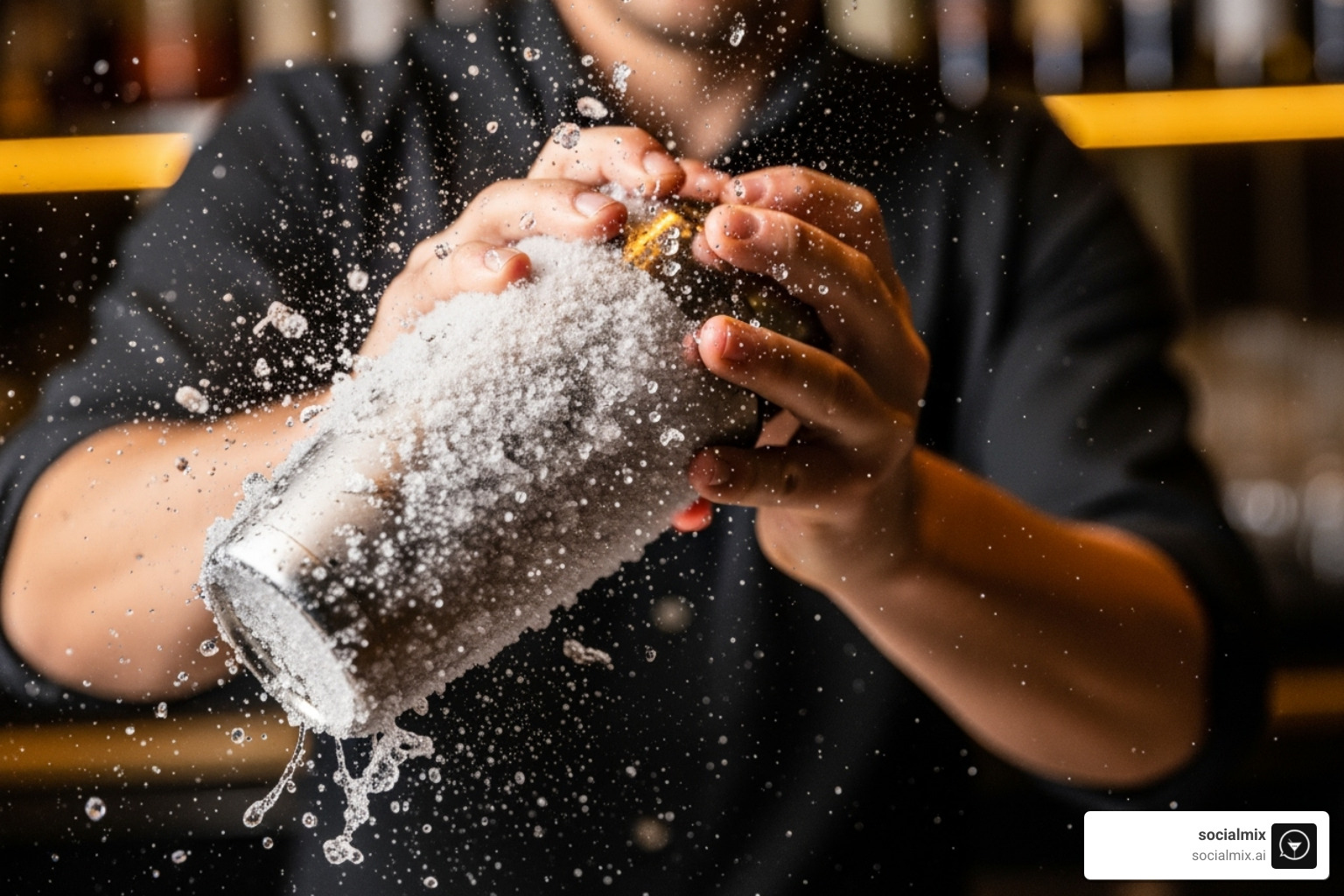 A frosty Boston cocktail shaker being vigorously shaken - drinks with shaker