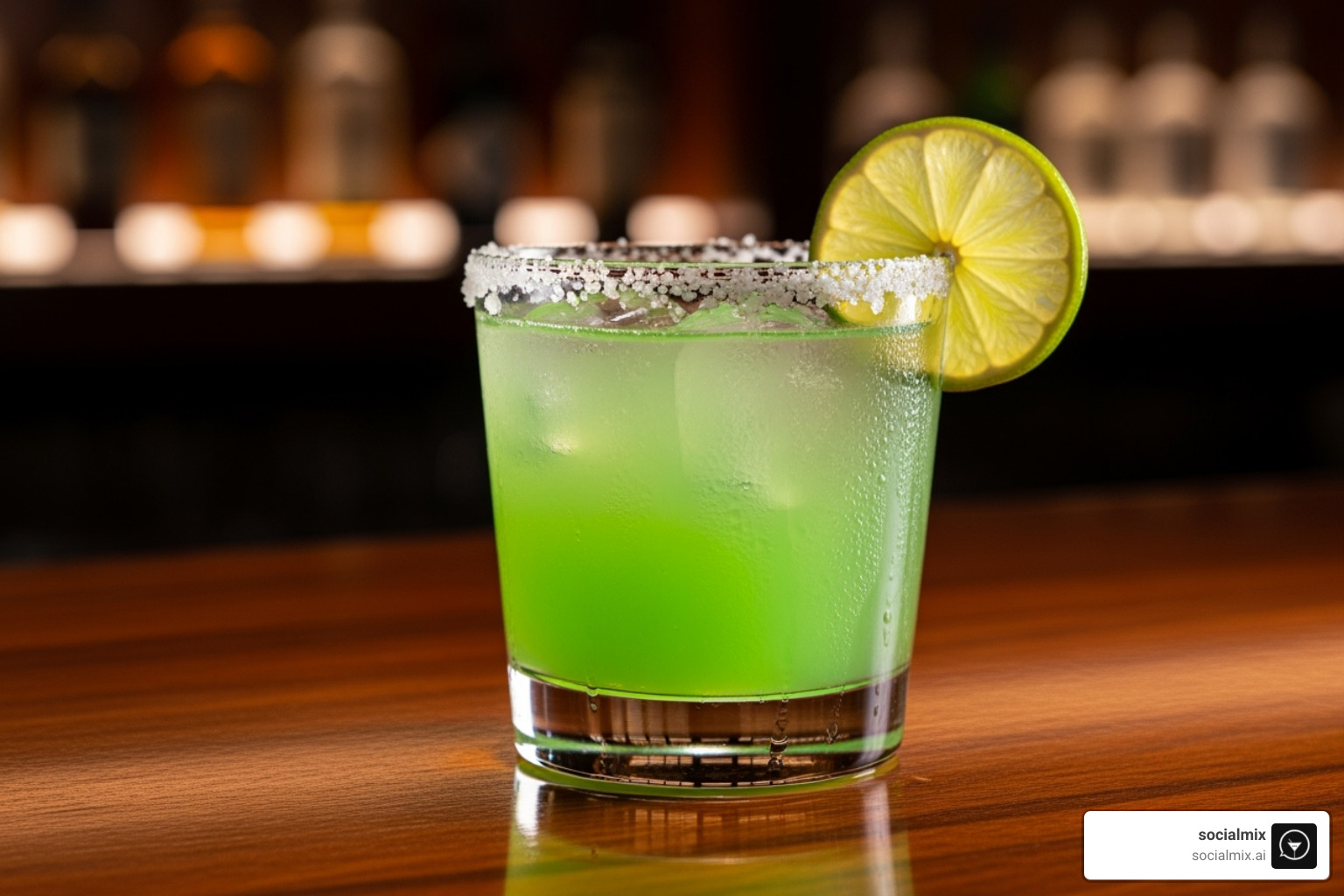 A vibrant Margarita in a salt-rimmed glass garnished with a lime wheel - drinks with shaker