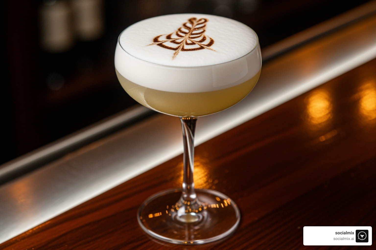 A Pisco Sour cocktail with a thick, frothy foam top garnished with Angostura bitters art - drinks with shaker