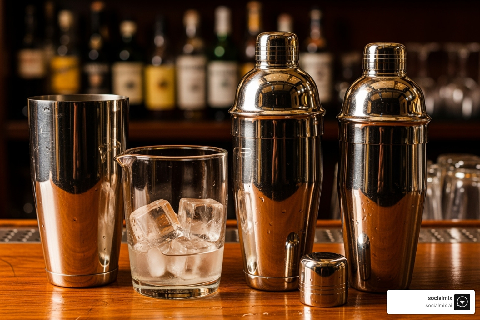 A collection of cocktail shakers including a Boston shaker, a Cobbler shaker, and a French shaker - drinks with shaker