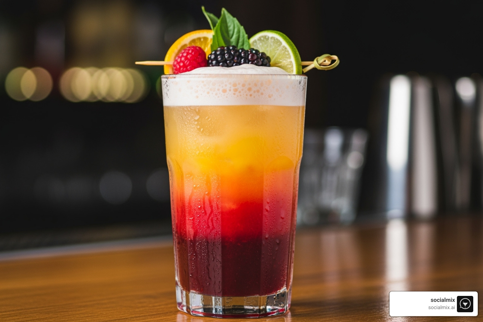 A vibrant, layered non-alcoholic shaken drink in a tall highball glass with fresh fruit garnish - drinks with shaker