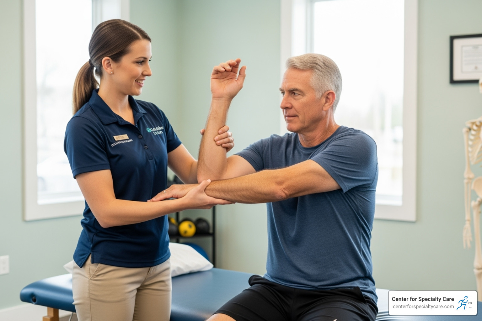 physical therapist assisting patient with shoulder stretching - supraspinatus tear