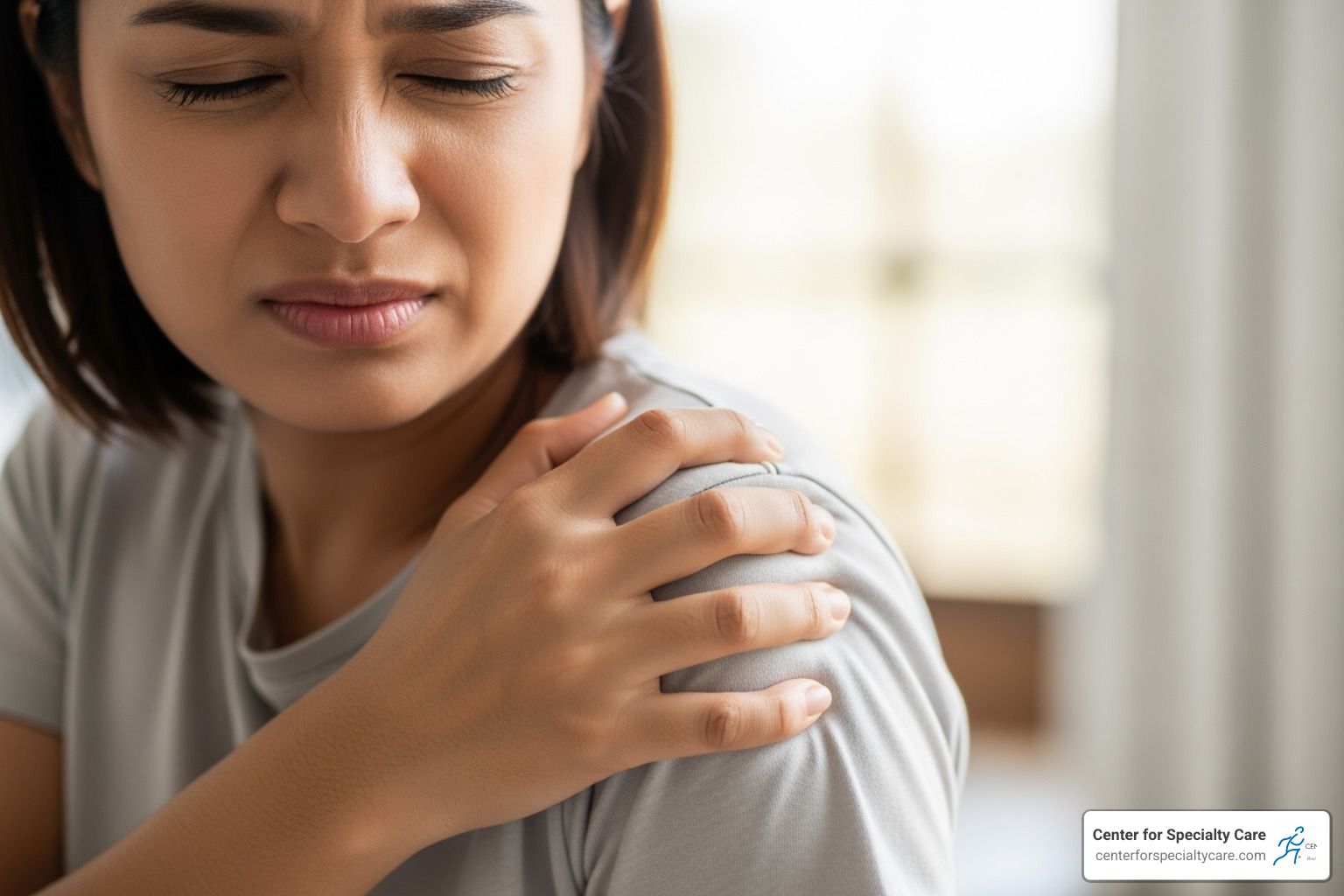 person indicating pain on the side of their shoulder - supraspinatus tear