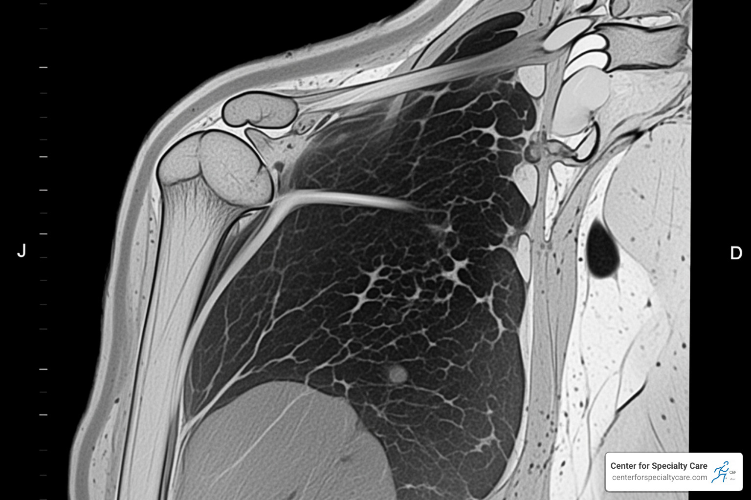 MRI showing healed rotator cuff tendon post-surgery - supraspinatus tear
