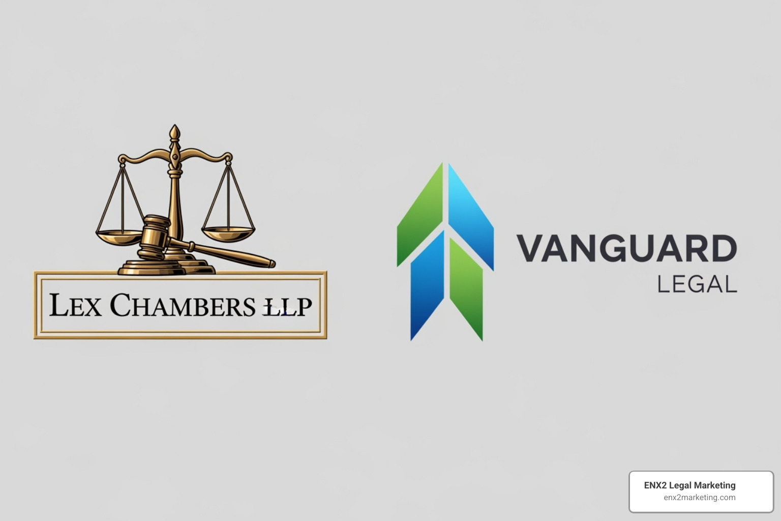 Contrasting law firm logos: one traditional with a serif font and classic legal symbol, one modern with a sans-serif font and abstract geometric design - branding for law firms