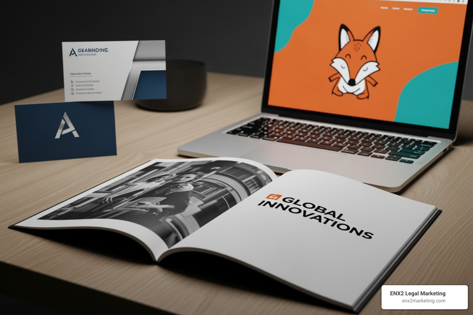 Brand inconsistency across different marketing materials, showing a fragmented and confusing brand image with different logos, colors, and fonts on a business card, website, and brochure - branding for law firms