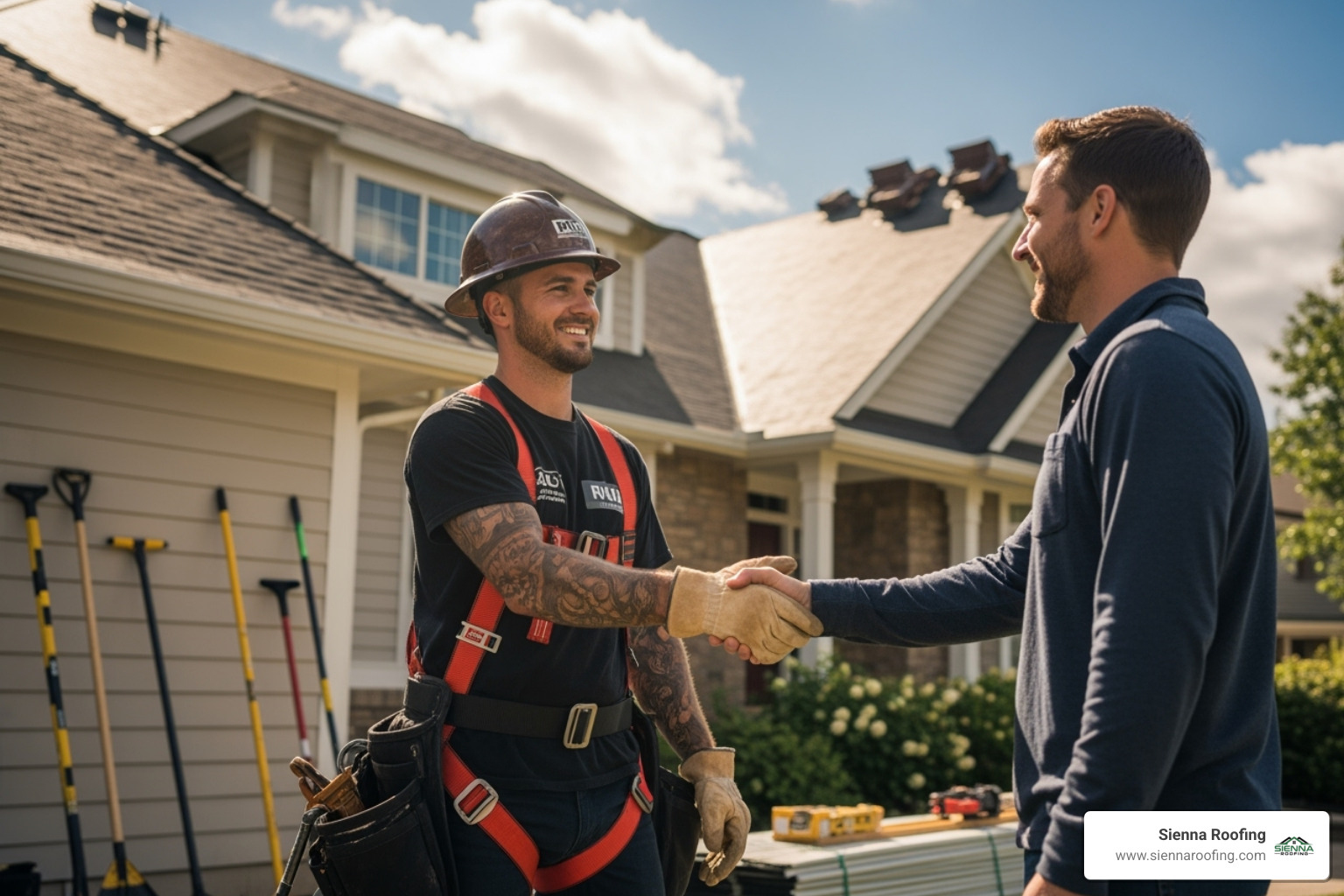 professional roofer shaking hands with a homeowner - roof installation cost