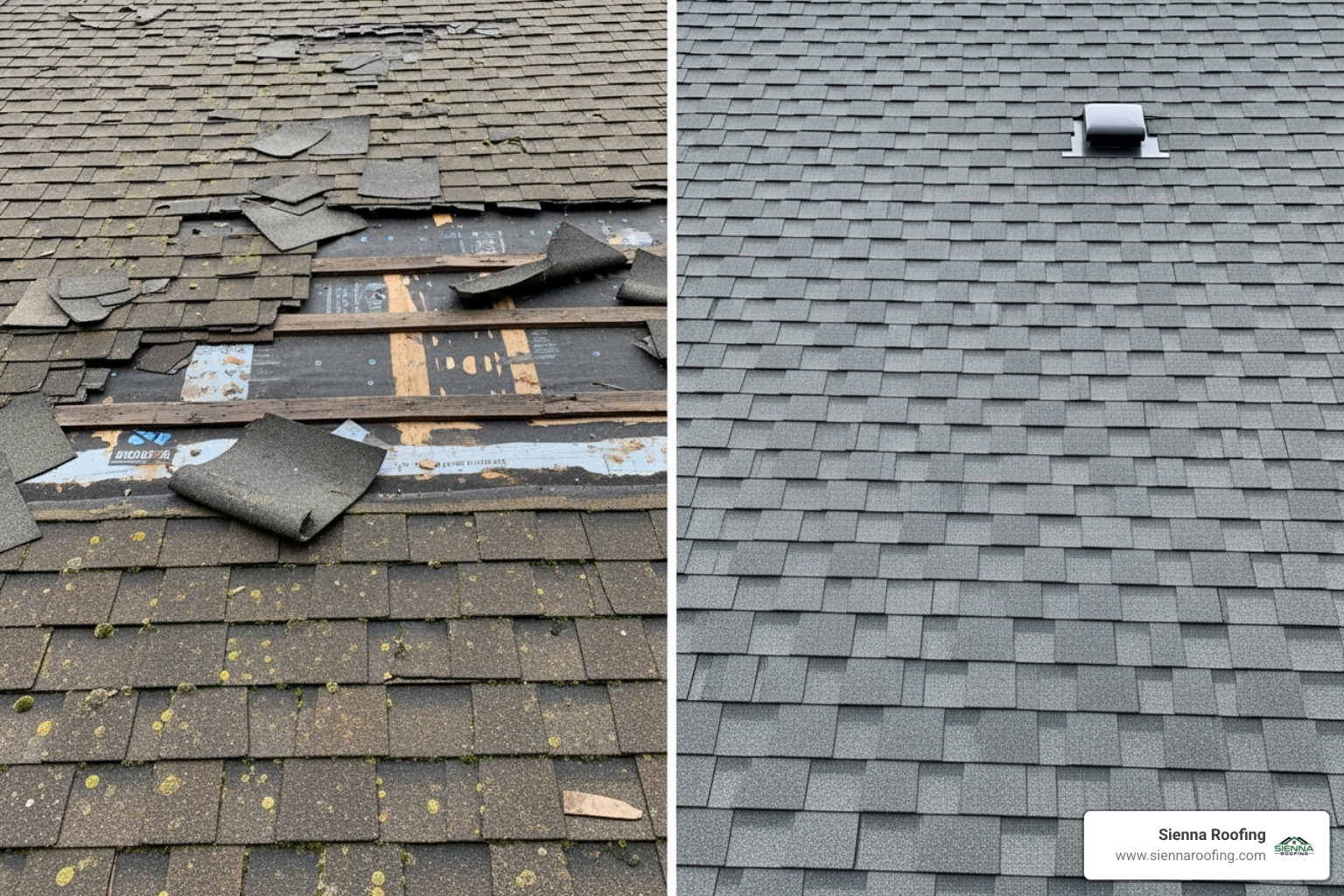 damaged roof section versus a fully replaced roof - roof installation cost