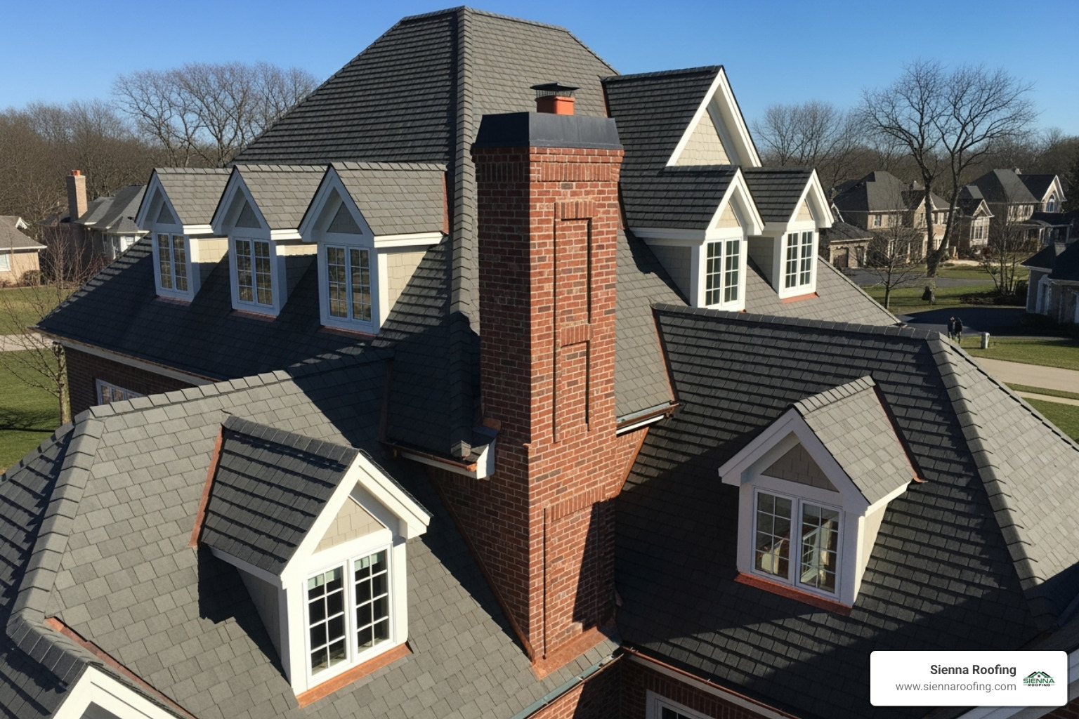 complex roof with multiple pitches, dormers, and a chimney - roof installation cost