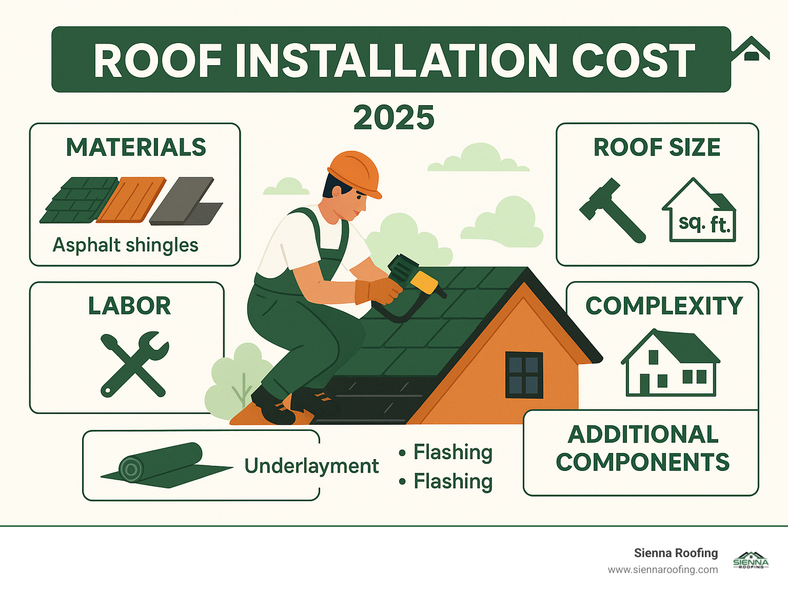 Comprehensive breakdown of roof installation cost factors including materials, labor, roof size, complexity, and additional components like underlayment and flashing - roof installation cost infographic 