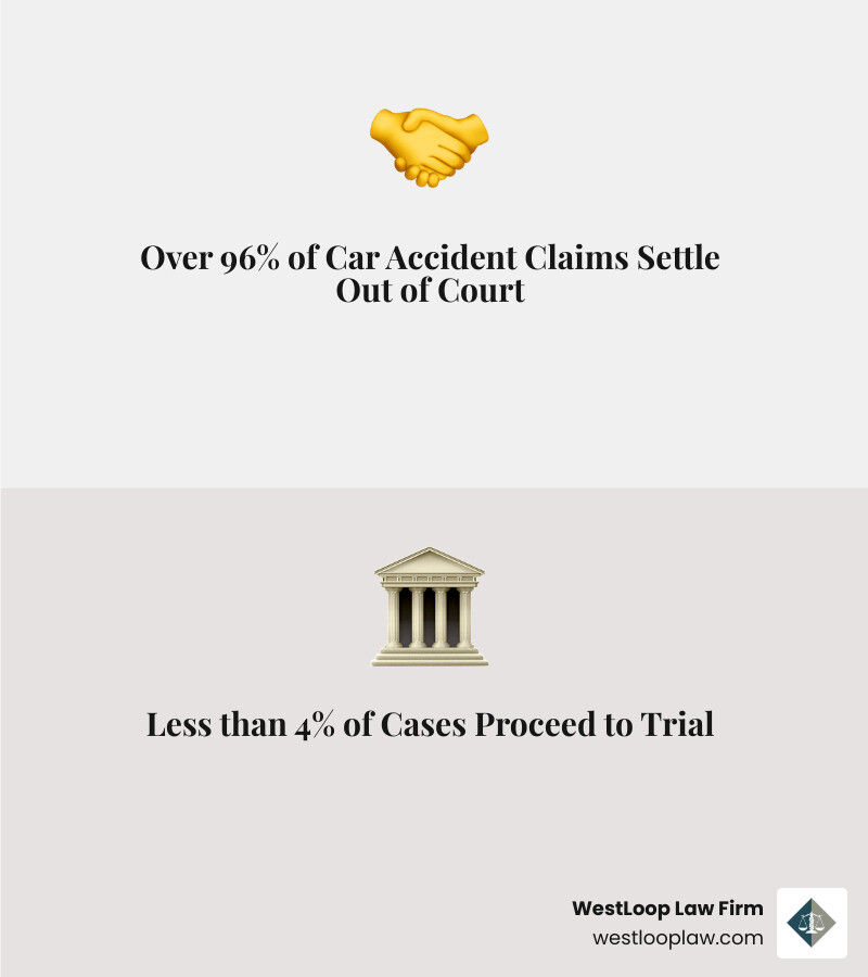 Infographic showing that 96% of car accident cases settle out of court, while only 4% go to trial, emphasizing the rarity of trials. - car accident lawyer infographic 2_facts_emoji_grey